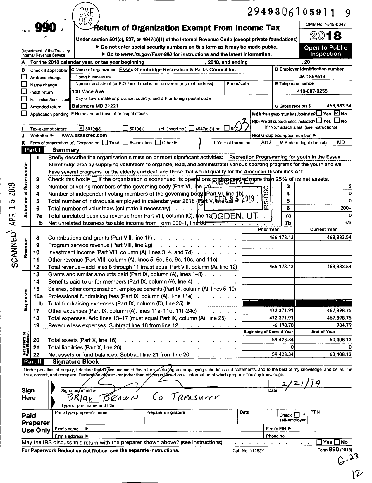 Image of first page of 2018 Form 990 for Essex-Stembridge Recreation and Parks Council