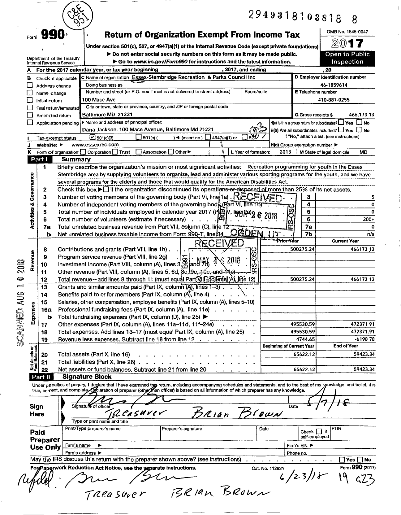 Image of first page of 2017 Form 990 for Essex-Stembridge Recreation and Parks Council