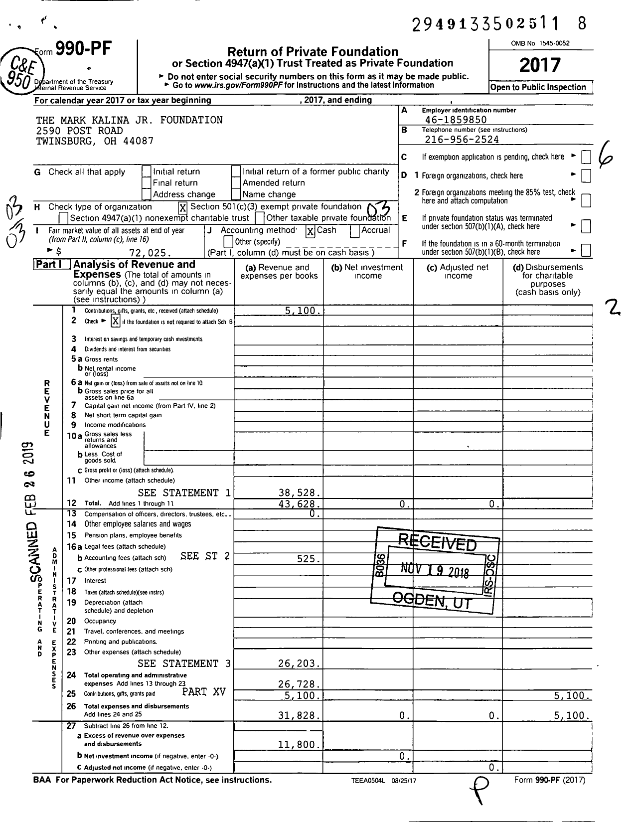 Image of first page of 2017 Form 990PF for The Mark Kalina JR Foundation