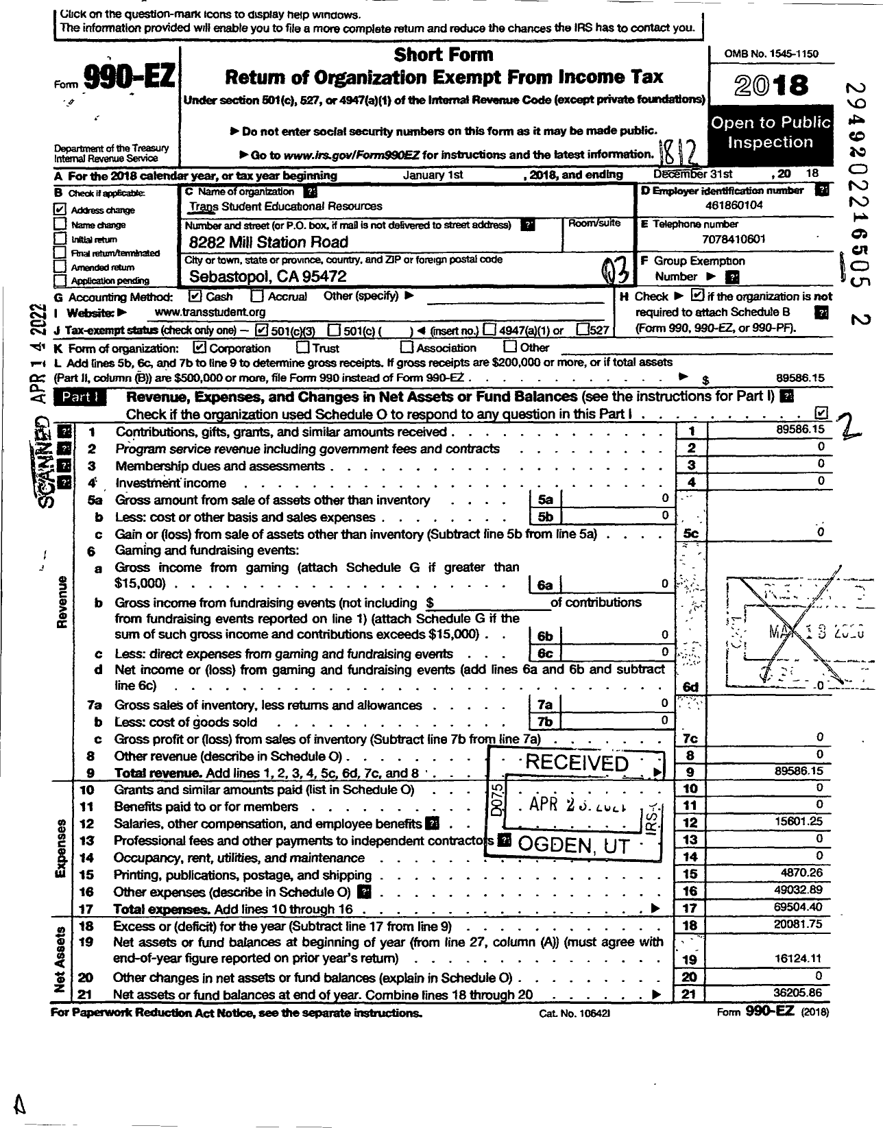 Image of first page of 2018 Form 990EZ for Trans Student Equality Resources