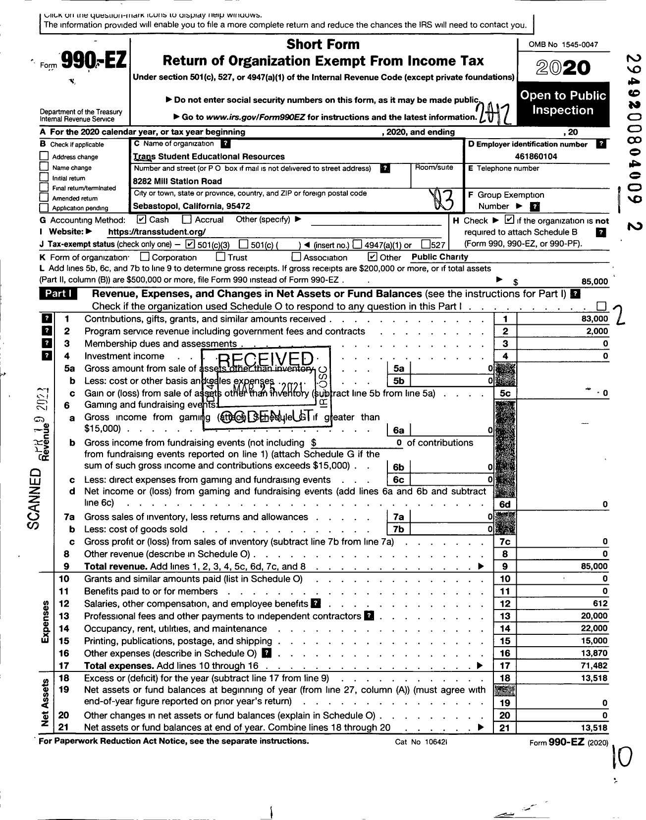 Image of first page of 2020 Form 990EZ for Trans Student Equality Resources