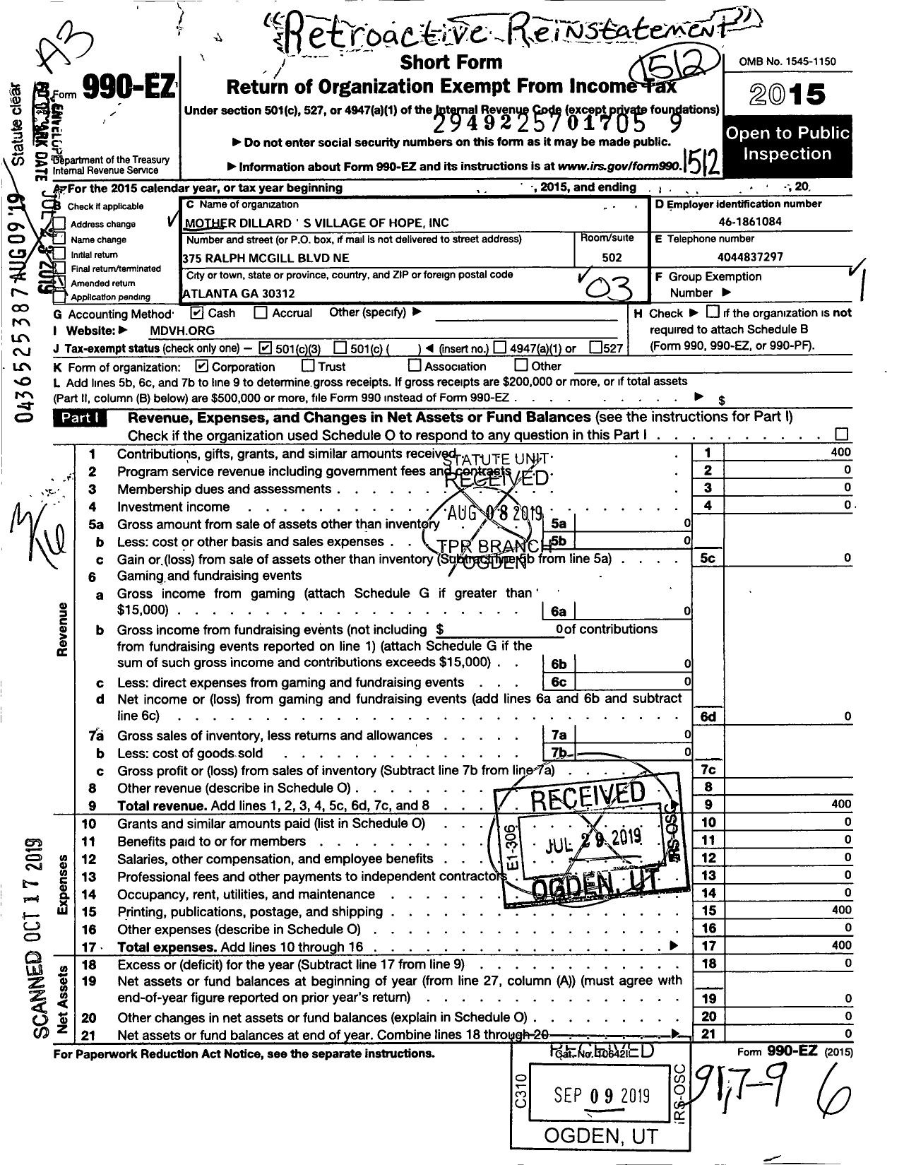 Image of first page of 2015 Form 990EZ for Mother Dillards Village of Hope