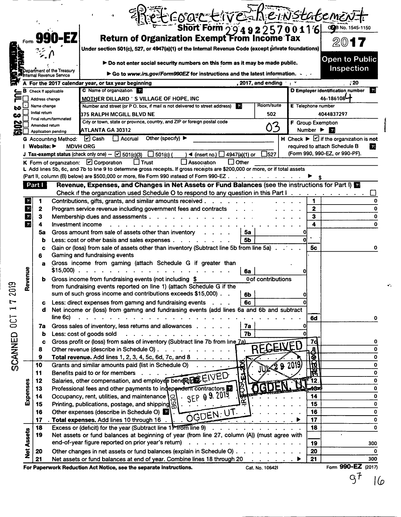 Image of first page of 2017 Form 990EZ for Mother Dillards Village of Hope