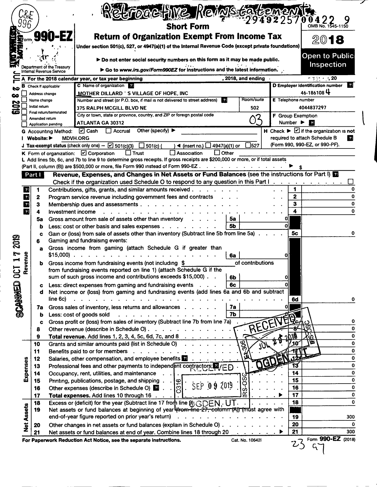 Image of first page of 2018 Form 990EZ for Mother Dillards Village of Hope