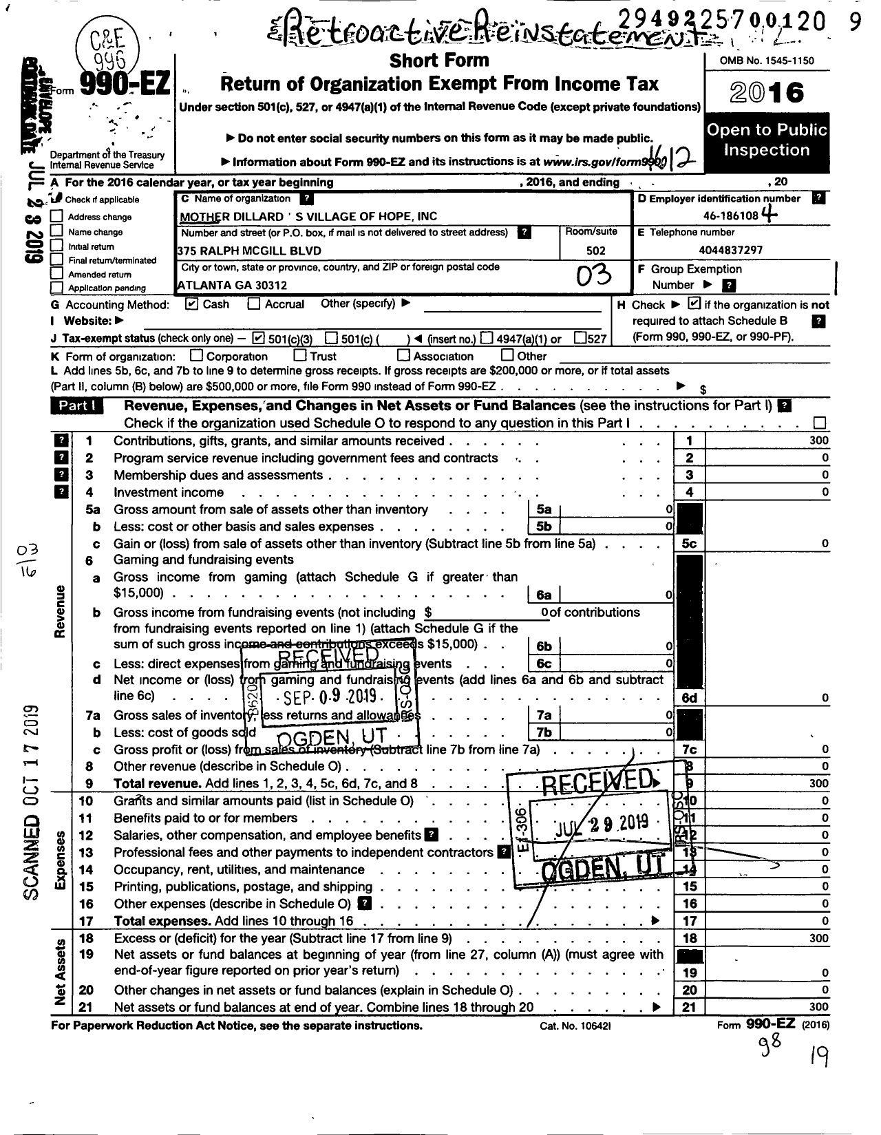 Image of first page of 2016 Form 990EZ for Mother Dillards Village of Hope