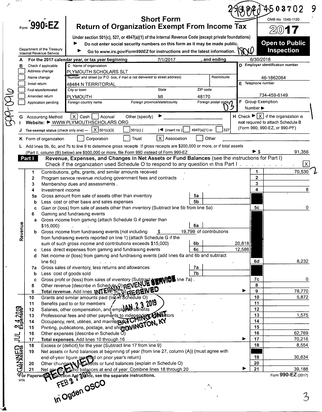 Image of first page of 2017 Form 990EZ for Plymouth Scholars Pto