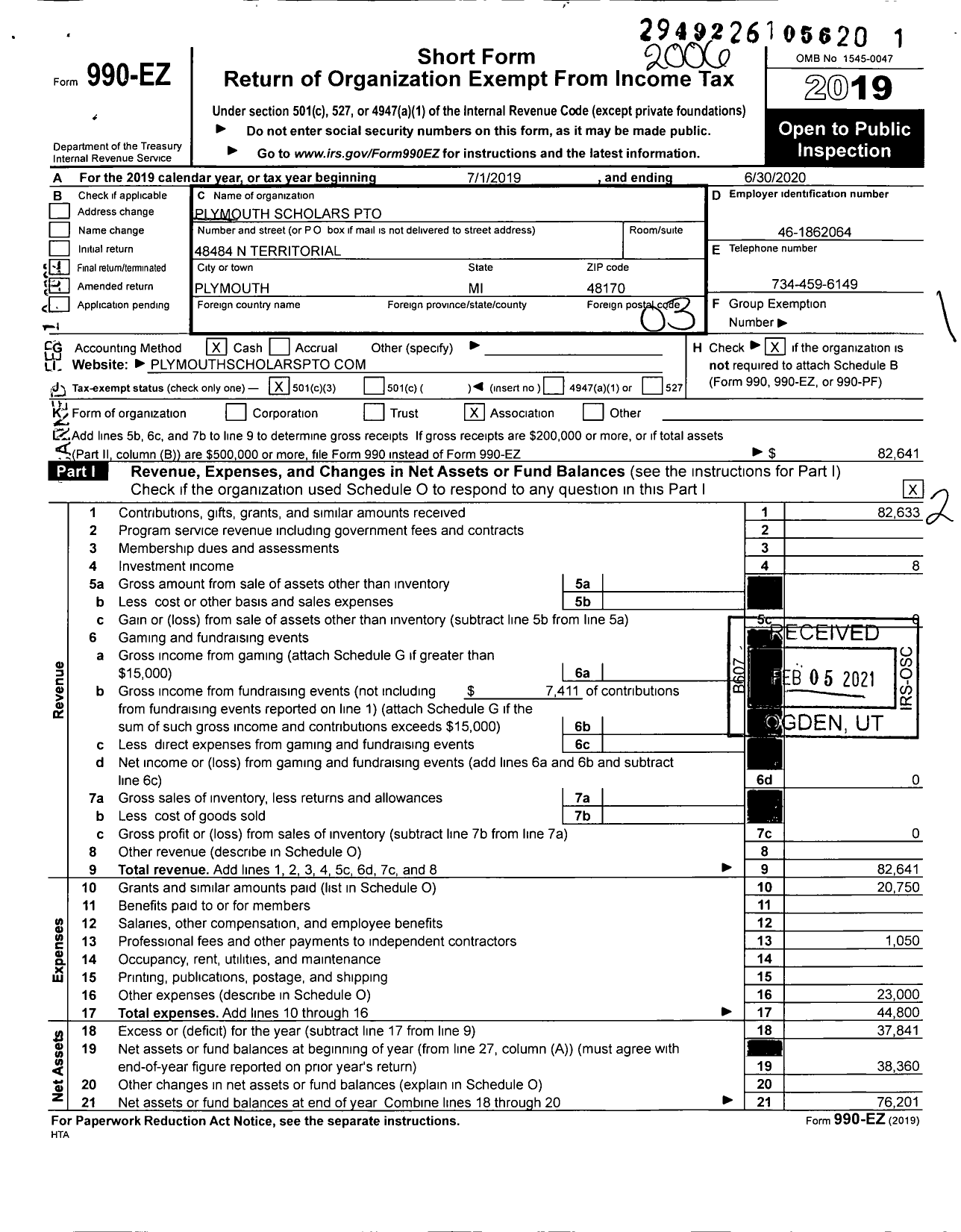 Image of first page of 2019 Form 990EZ for Plymouth Scholars Pto