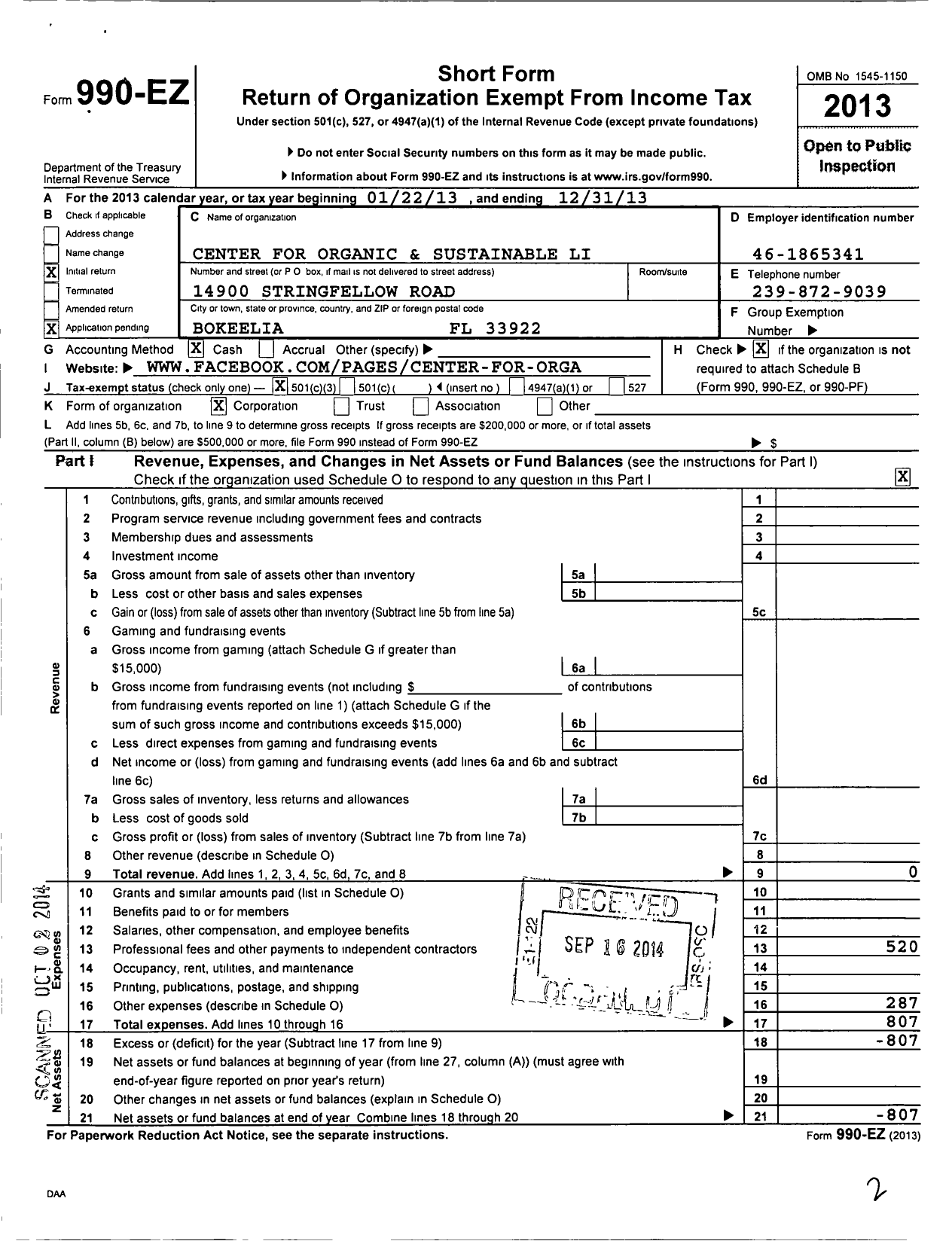 Image of first page of 2013 Form 990EZ for Center for Organic and Sustainable Living