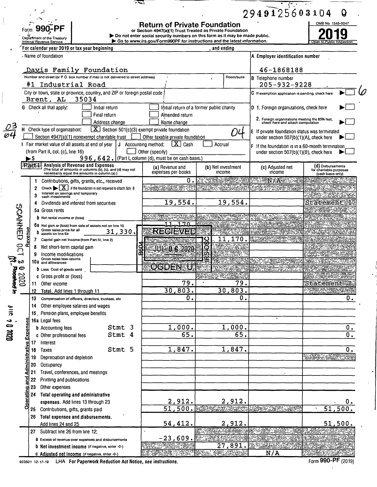 Image of first page of 2019 Form 990PR for Davis Family Foundation