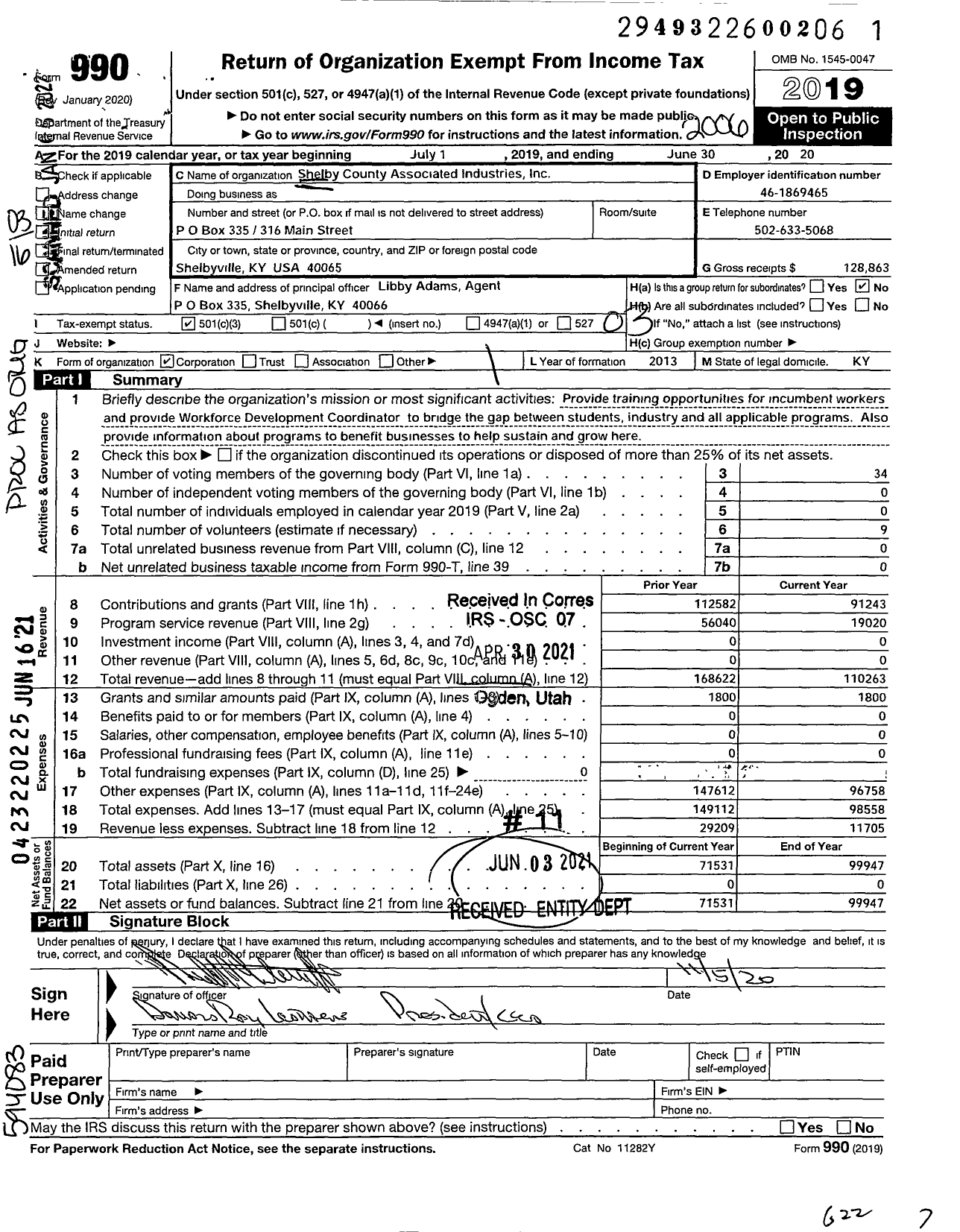 Image of first page of 2019 Form 990 for Shelby County Associated Industries