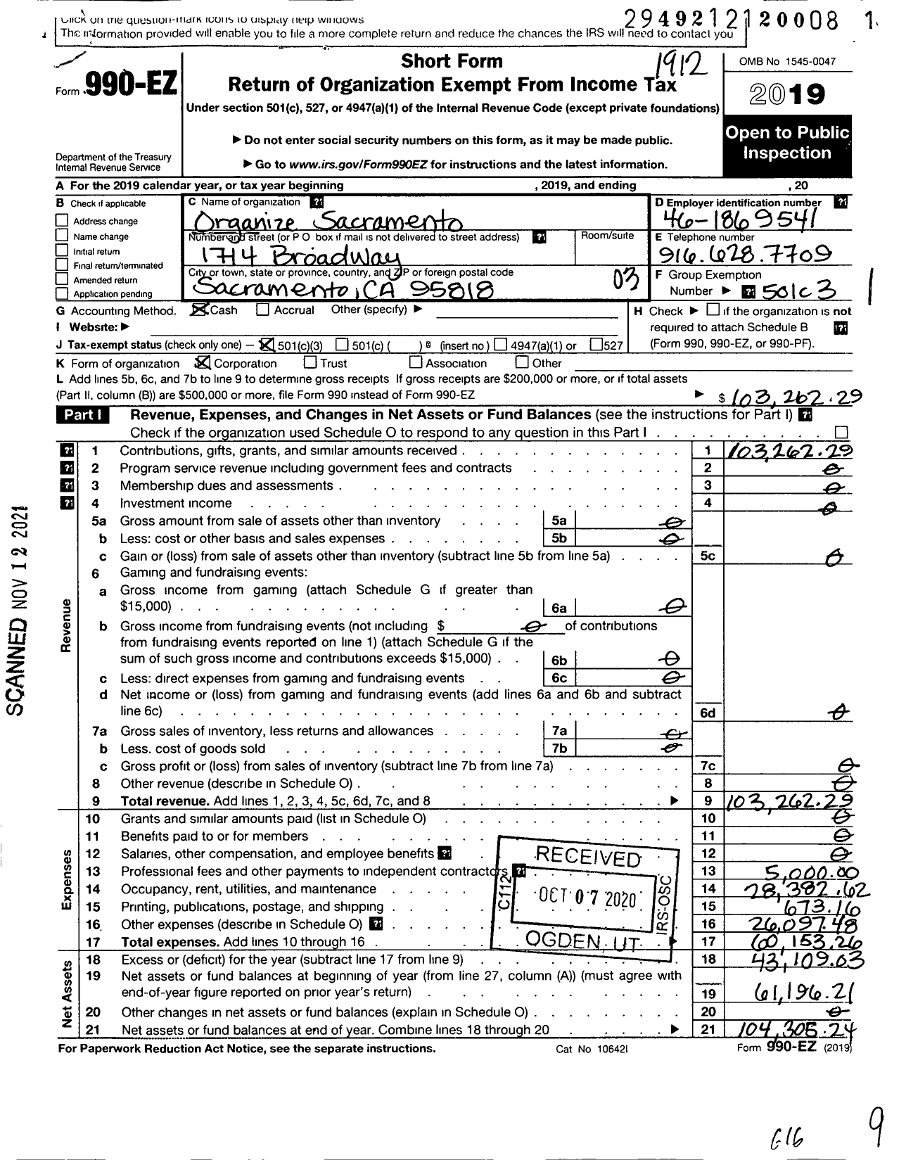 Image of first page of 2019 Form 990EZ for Organize Sacramento