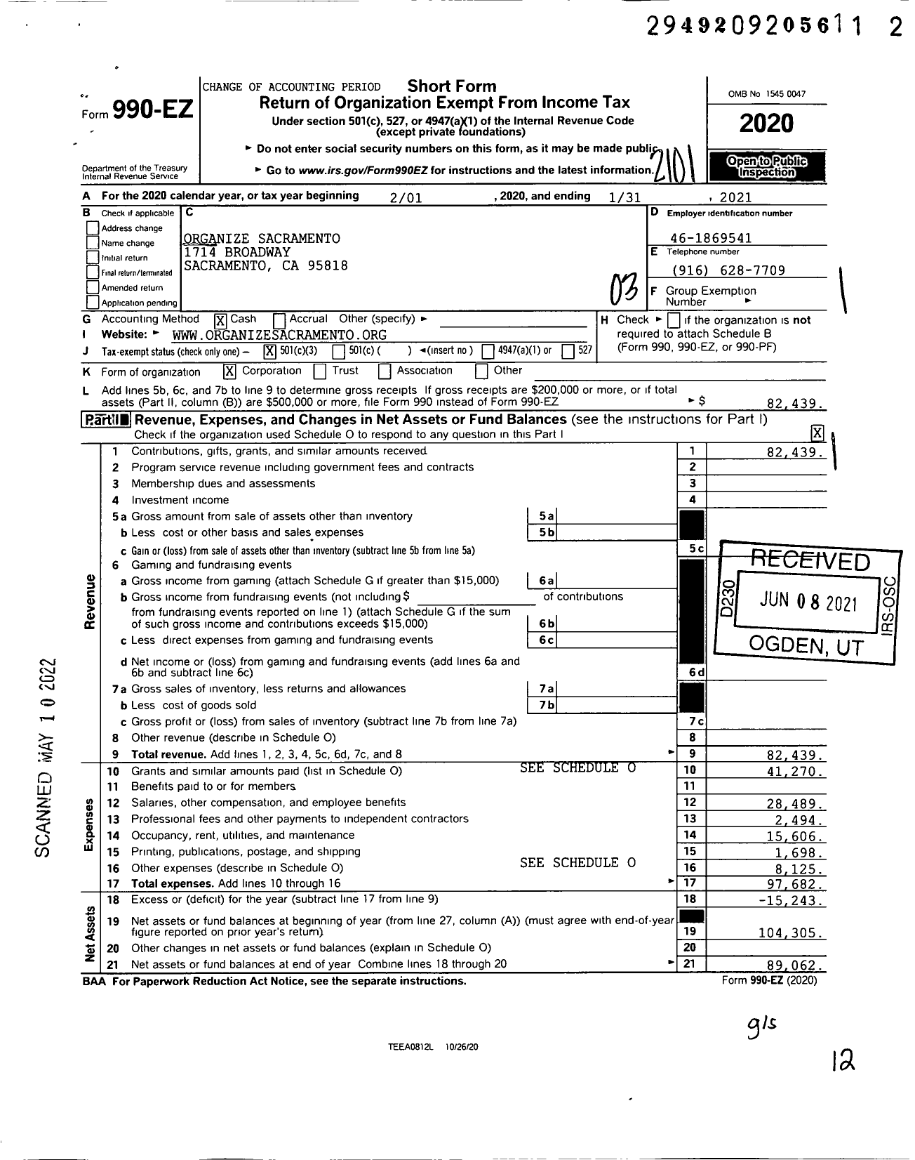 Image of first page of 2020 Form 990EZ for Organize Sacramento