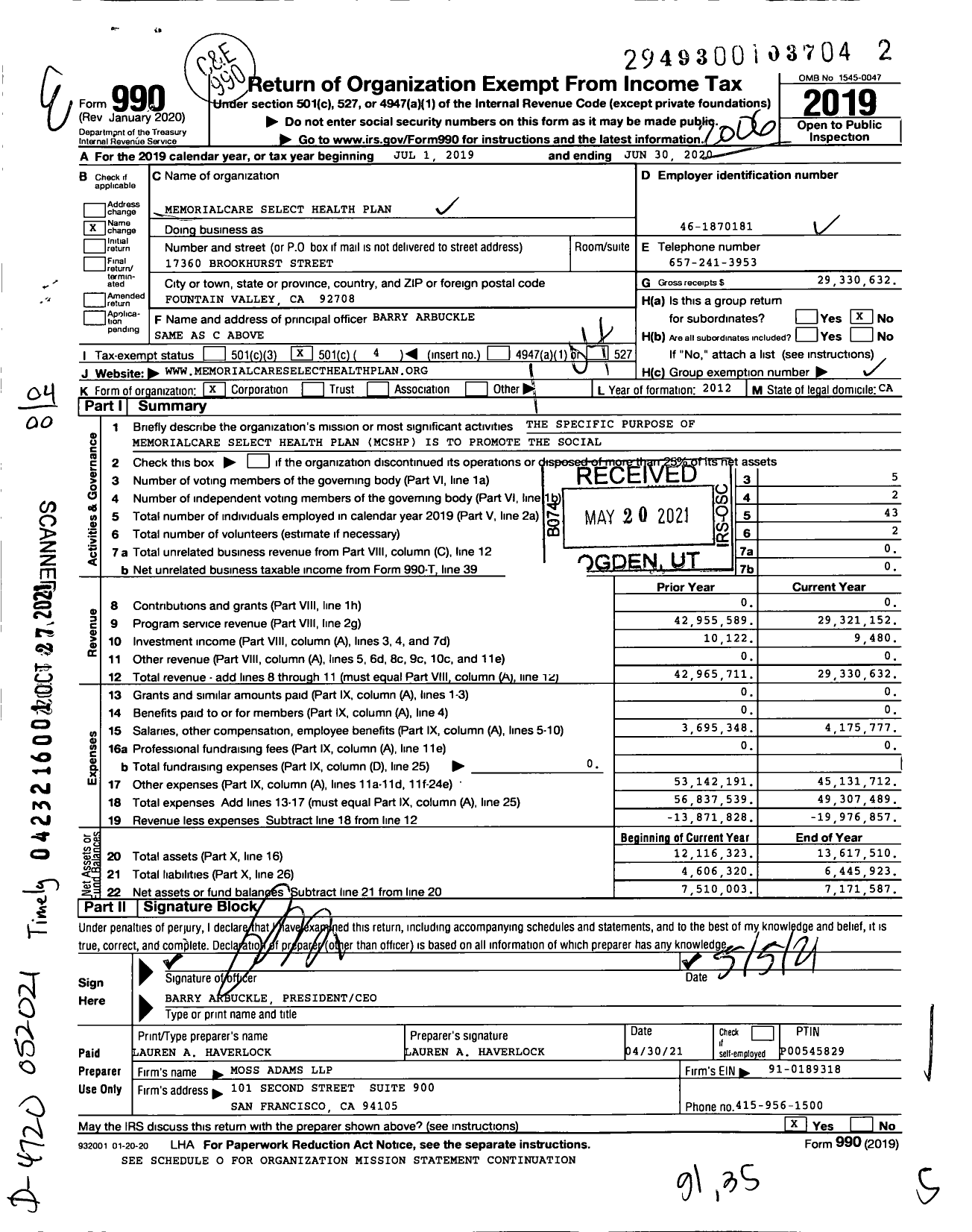 Image of first page of 2019 Form 990O for Memorialcare Select Health Plan
