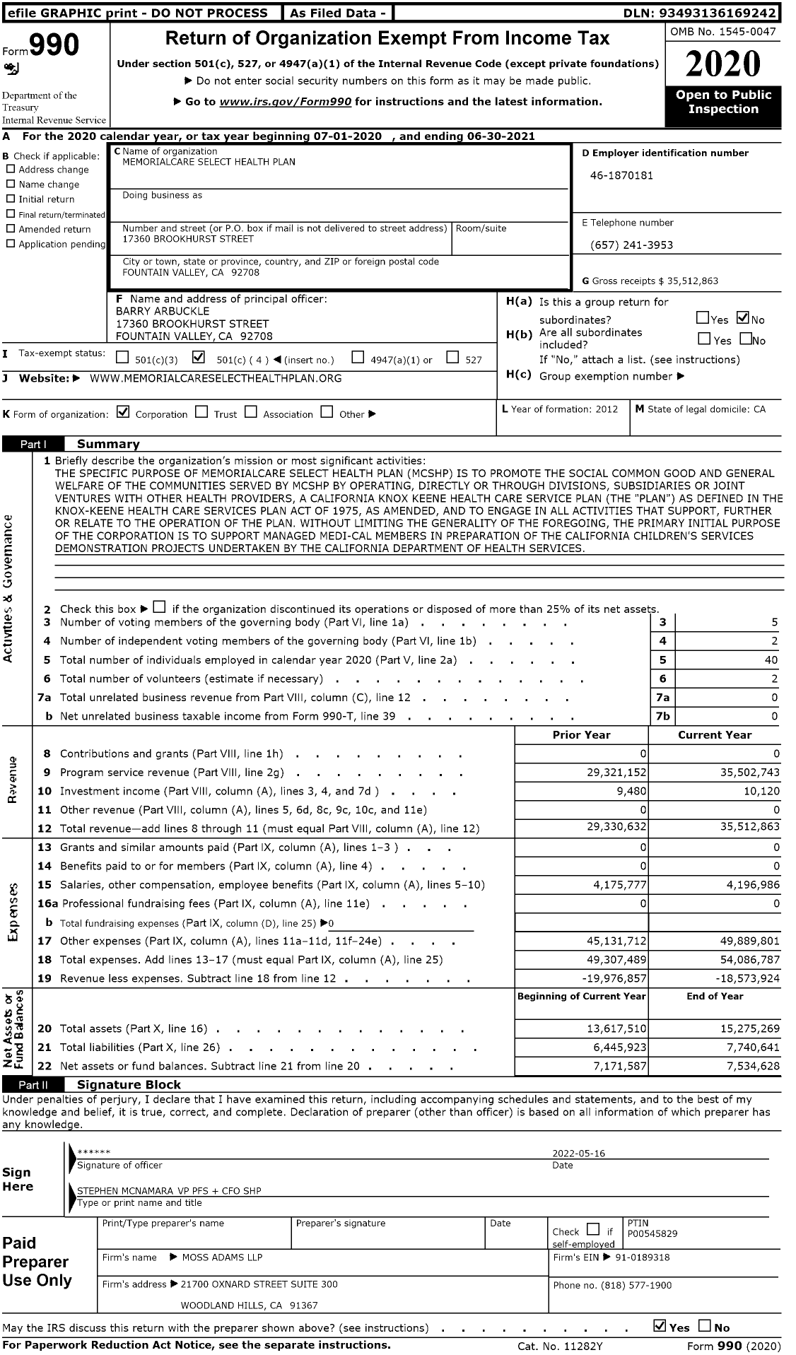 Image of first page of 2020 Form 990O for Memorialcare Select Health Plan