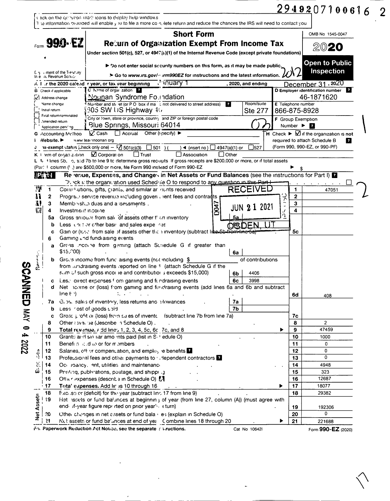 Image of first page of 2020 Form 990EZ for Noonan Syndrome Foundation