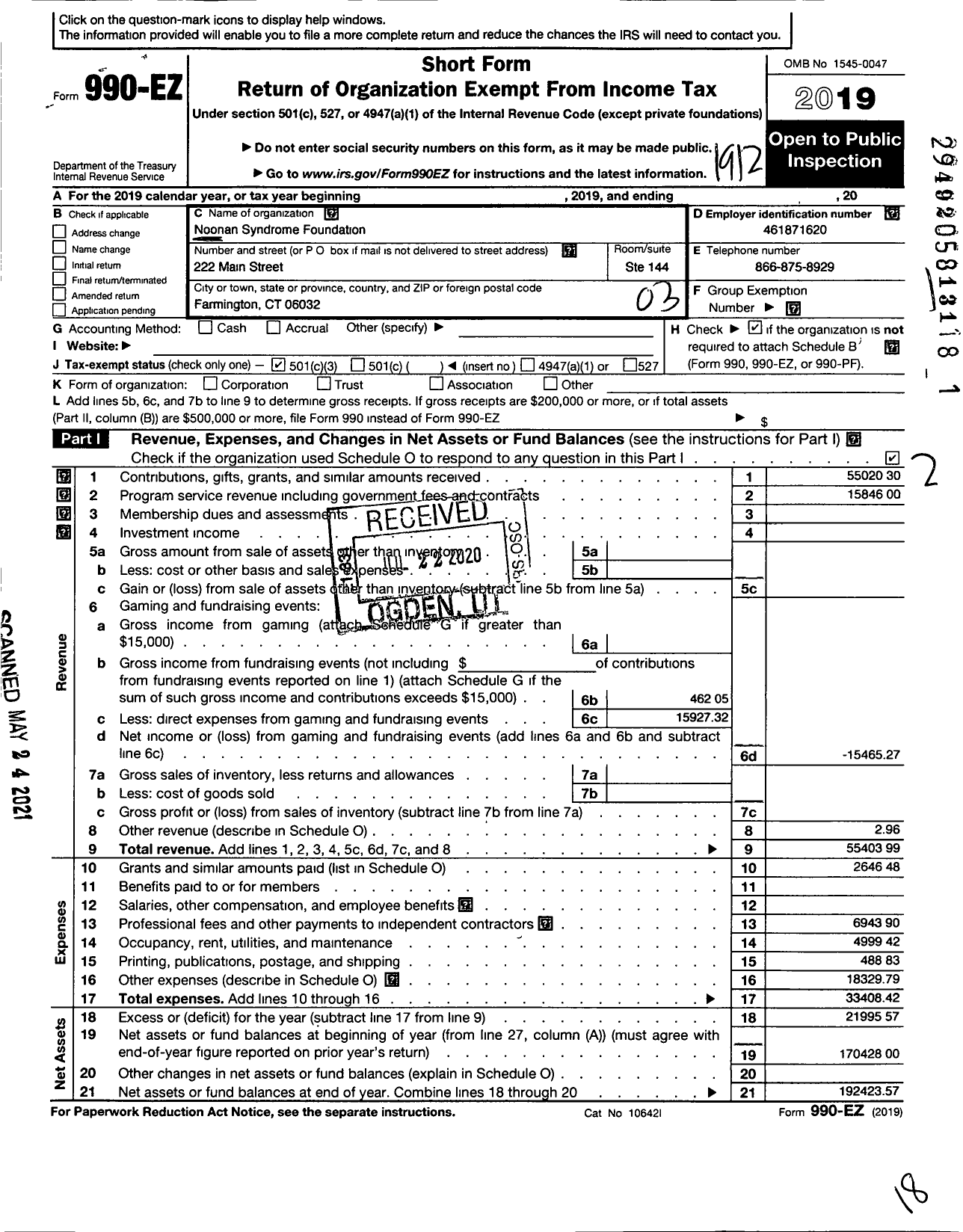 Image of first page of 2019 Form 990EZ for Noonan Syndrome Foundation