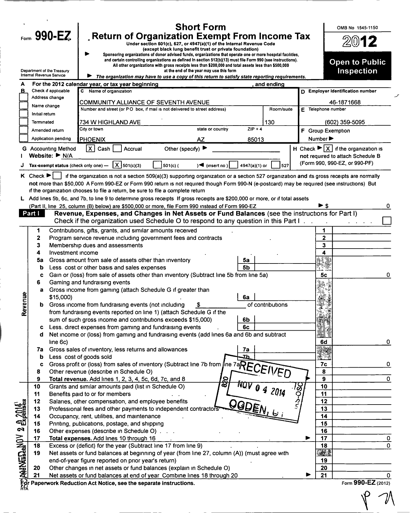 Image of first page of 2012 Form 990EZ for Community Alliance Of Seventh Avenue
