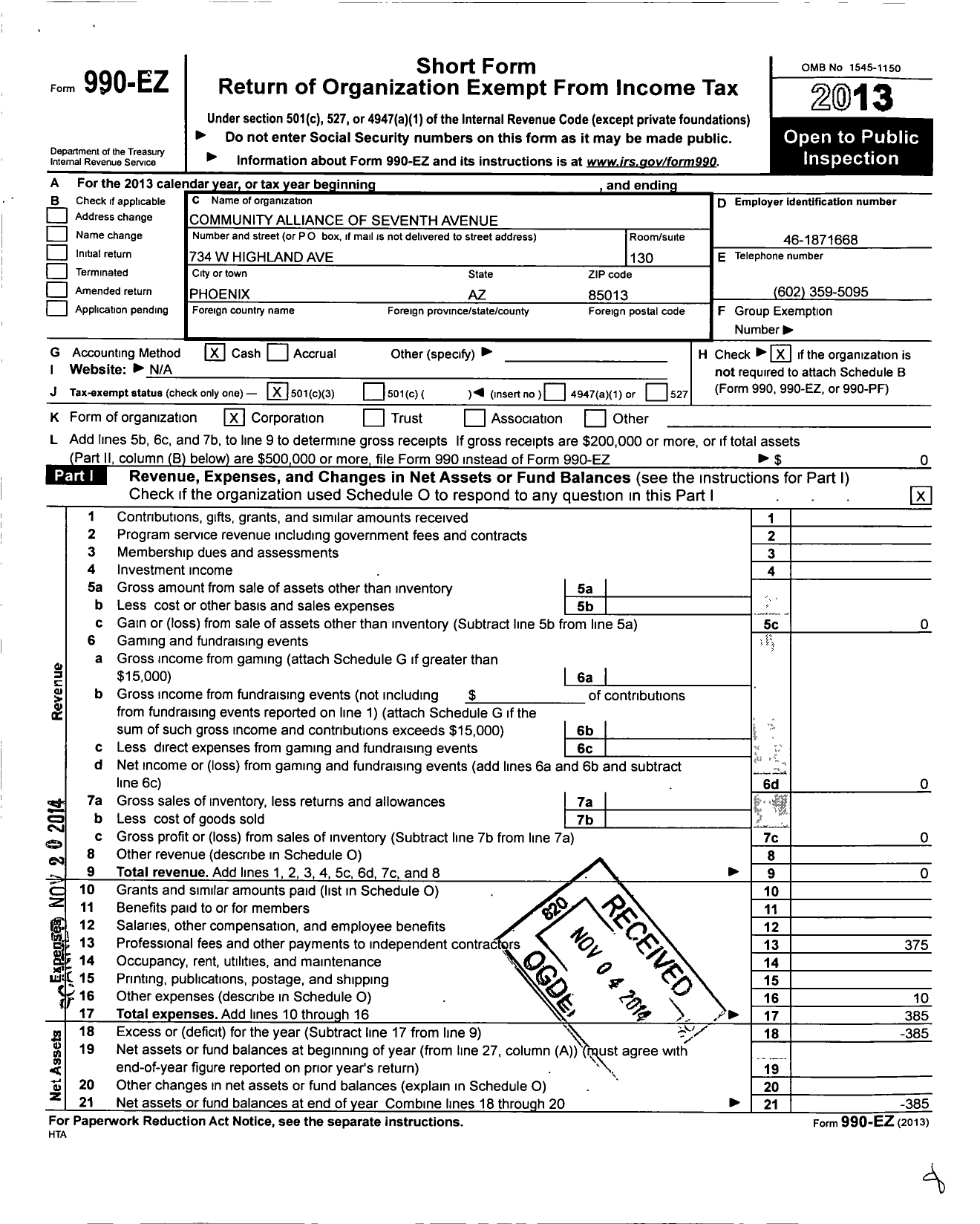 Image of first page of 2013 Form 990EZ for Community Alliance Of Seventh Avenue