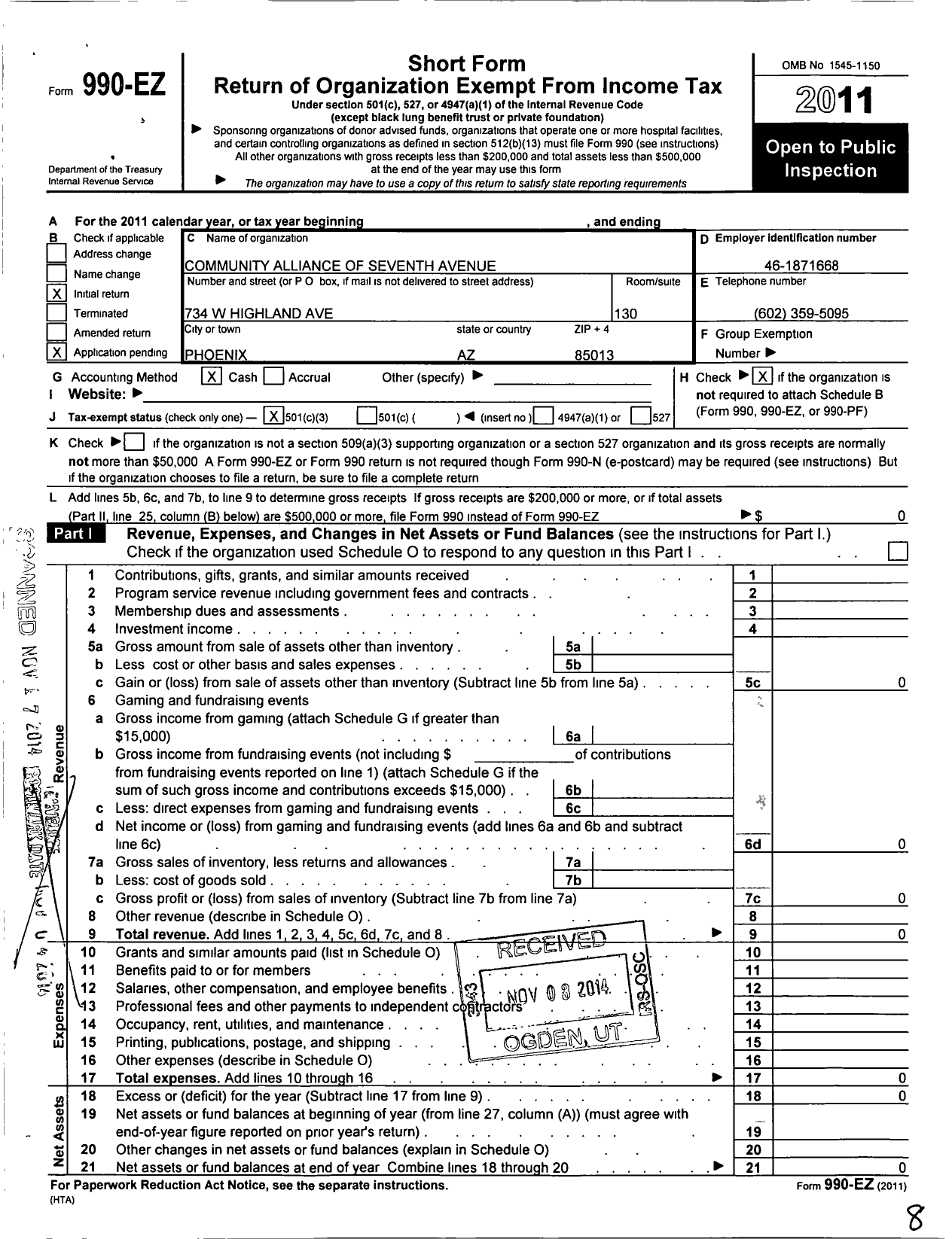 Image of first page of 2011 Form 990EZ for Community Alliance Of Seventh Avenue