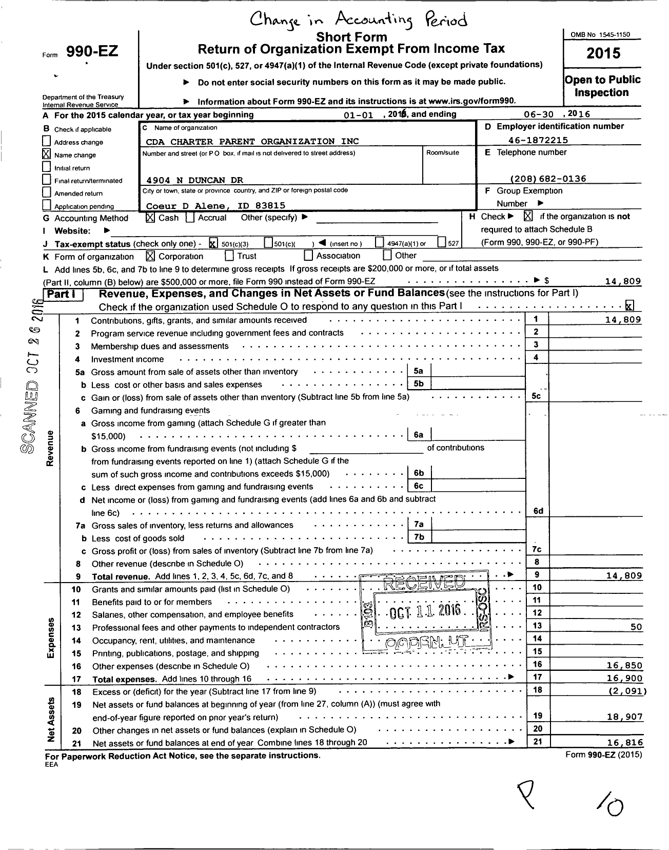 Image of first page of 2015 Form 990EZ for Cda Charter Parent Organization