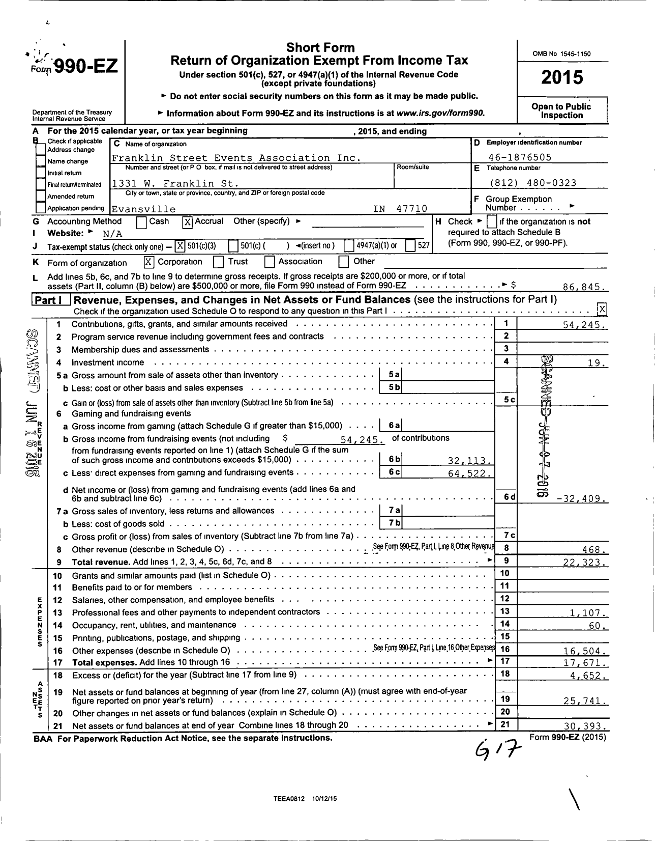 Image of first page of 2015 Form 990EZ for Franklin Street Events Association