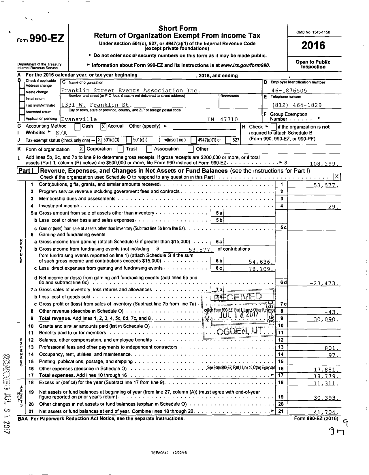 Image of first page of 2016 Form 990EZ for Franklin Street Events Association