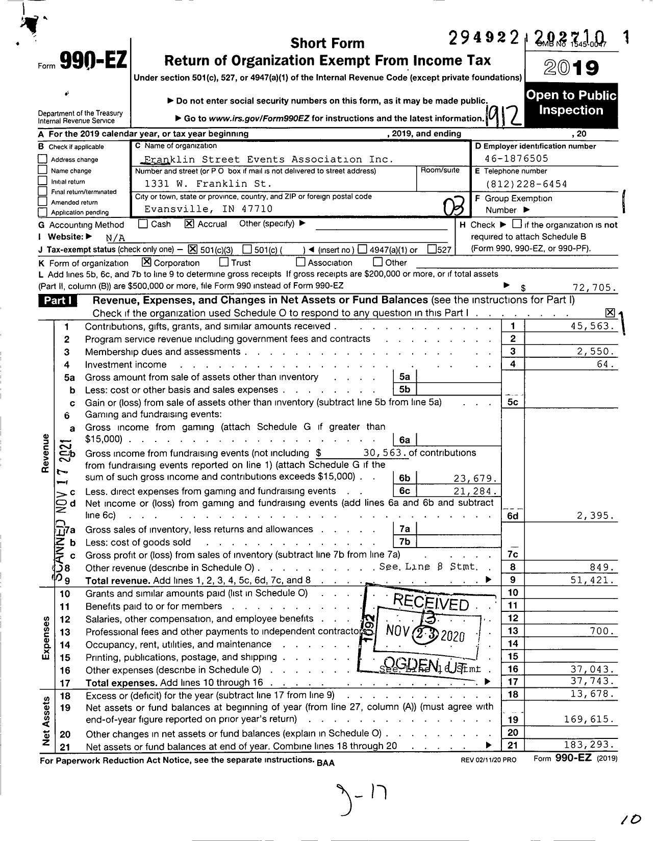 Image of first page of 2019 Form 990EZ for Franklin Street Events Association