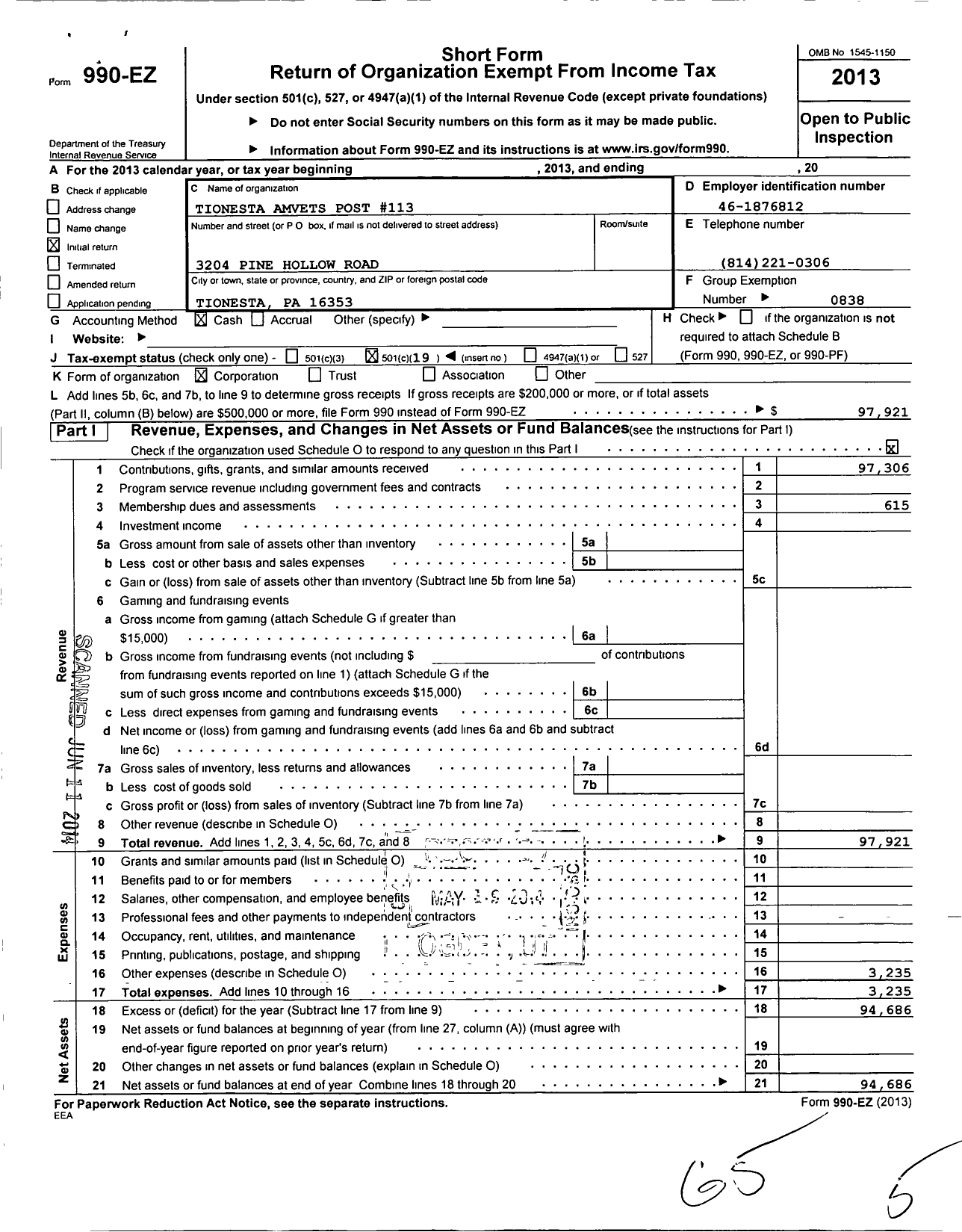 Image of first page of 2013 Form 990EO for Amvets - 0113 Pa