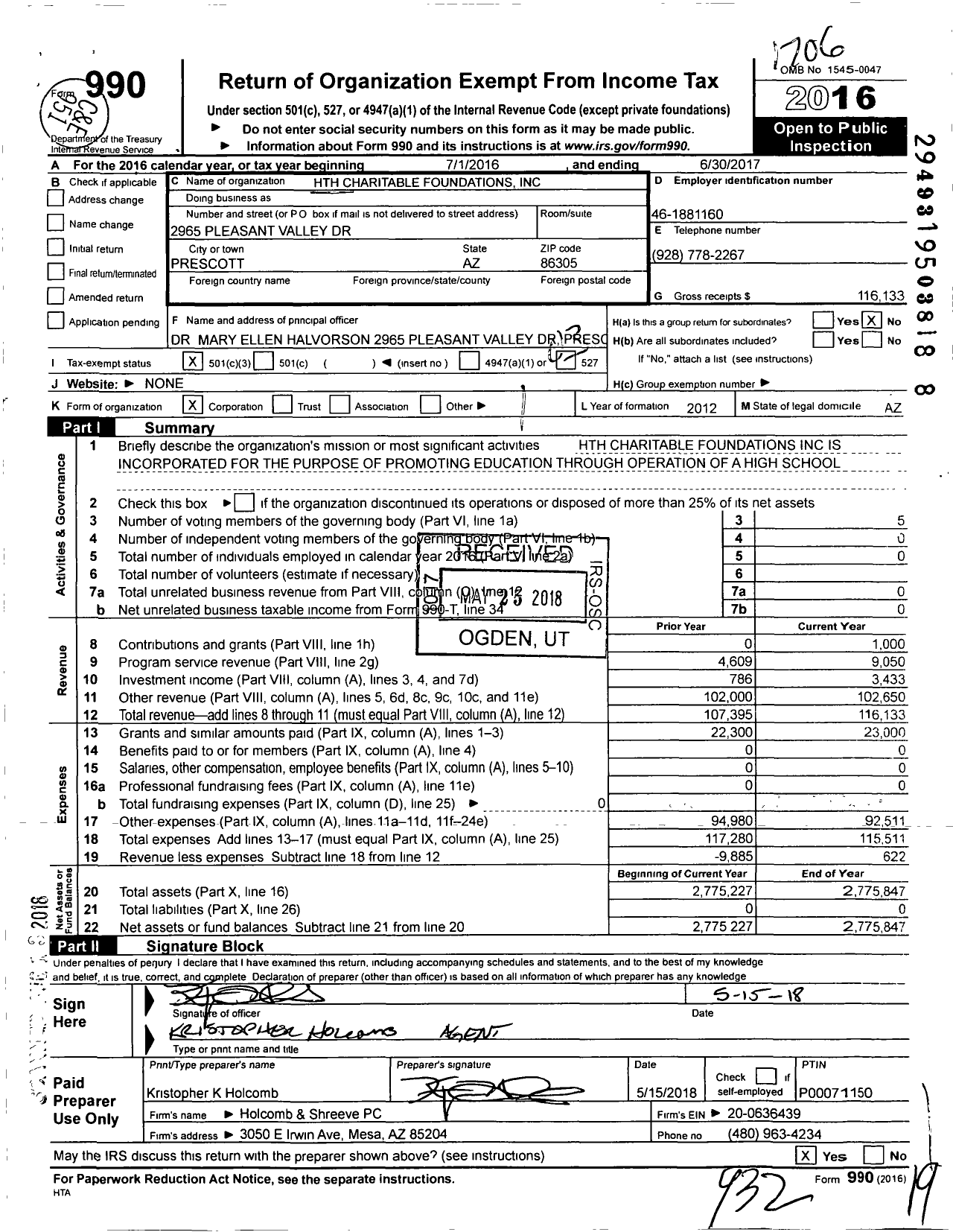 Image of first page of 2016 Form 990 for HTH Charitable Foundations