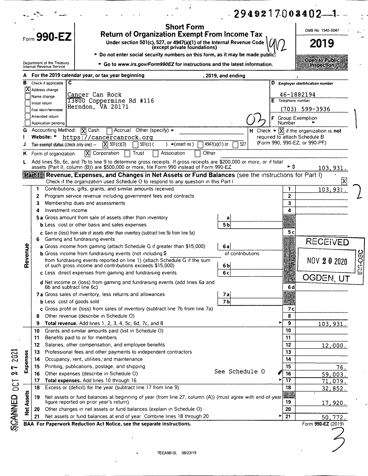 Image of first page of 2019 Form 990EZ for Cancer Can Rock