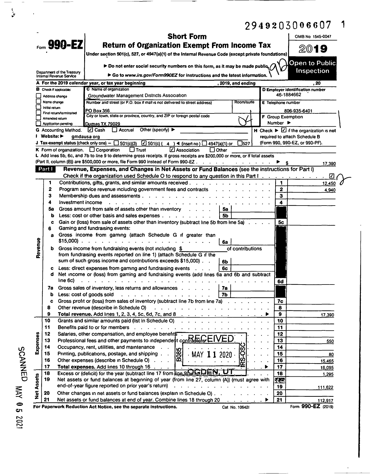 Image of first page of 2019 Form 990EO for Groundwater Management Districts Association