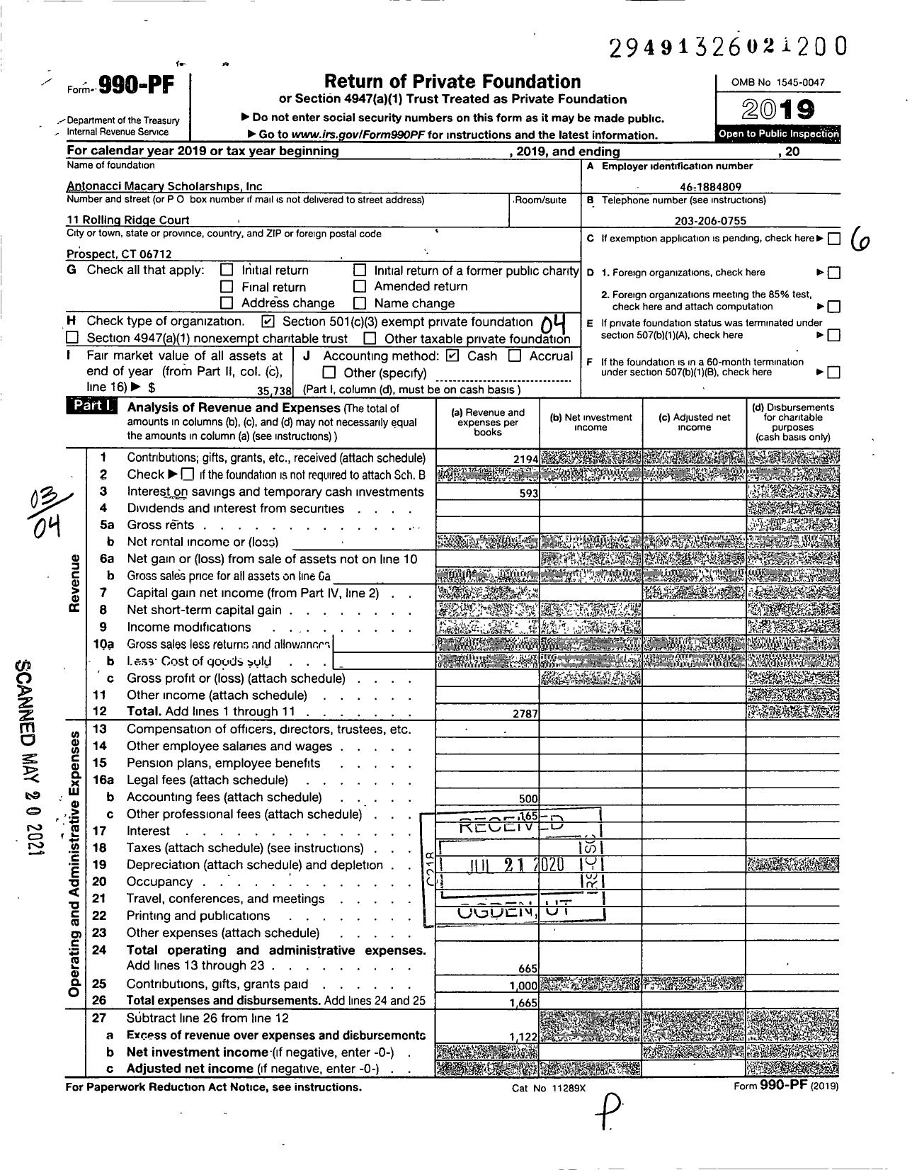 Image of first page of 2019 Form 990PF for Antonacci Macary Scholarships