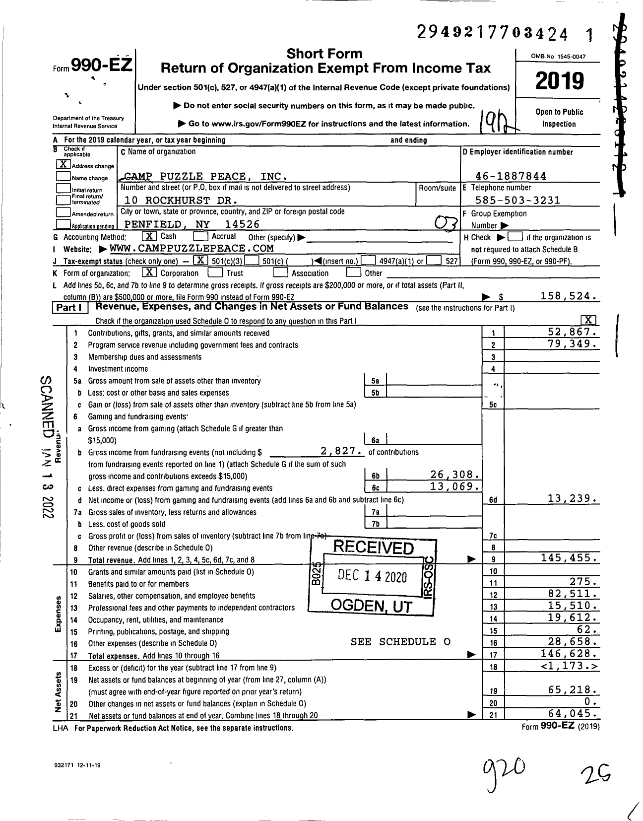 Image of first page of 2019 Form 990EZ for Camp Puzzle Peace