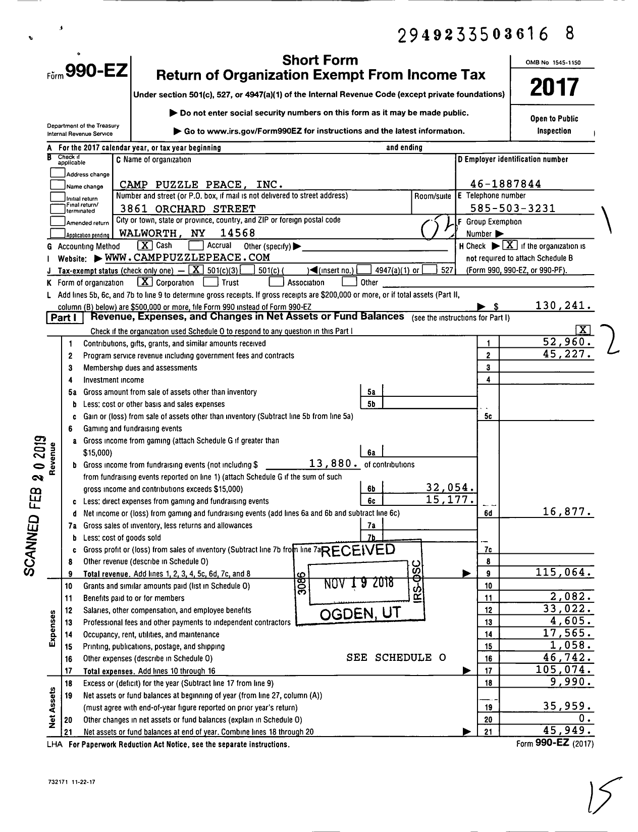 Image of first page of 2017 Form 990EZ for Camp Puzzle Peace