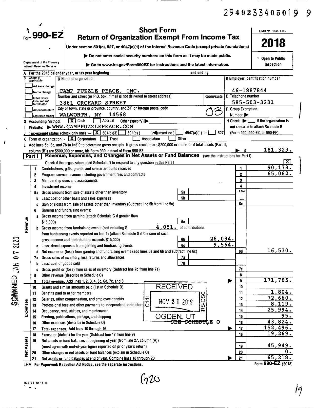 Image of first page of 2018 Form 990EZ for Camp Puzzle Peace