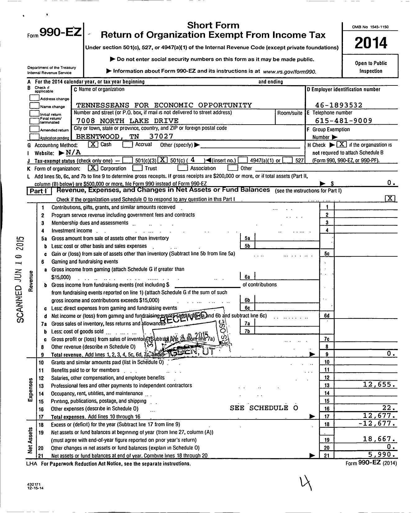 Image of first page of 2014 Form 990EO for Tennesseans for Economic Opportunity