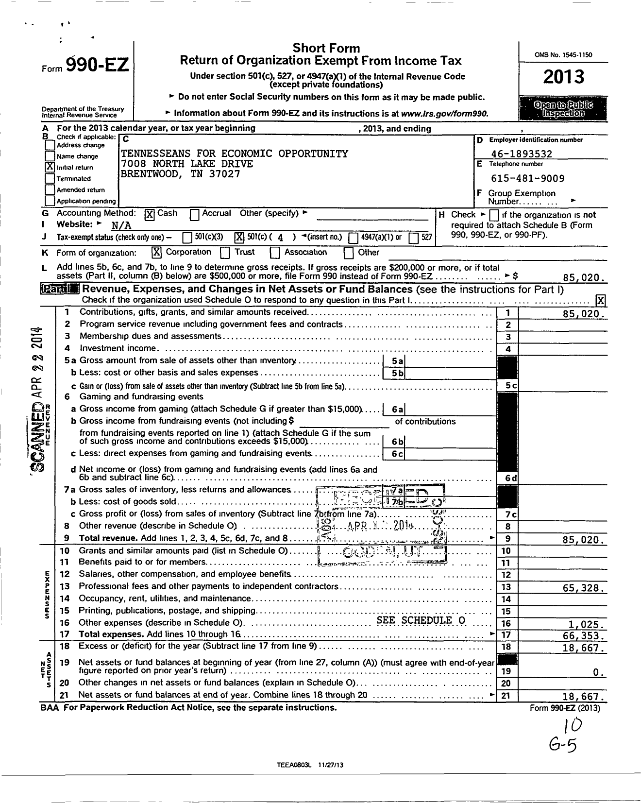 Image of first page of 2013 Form 990EO for Tennesseans for Economic Opportunity