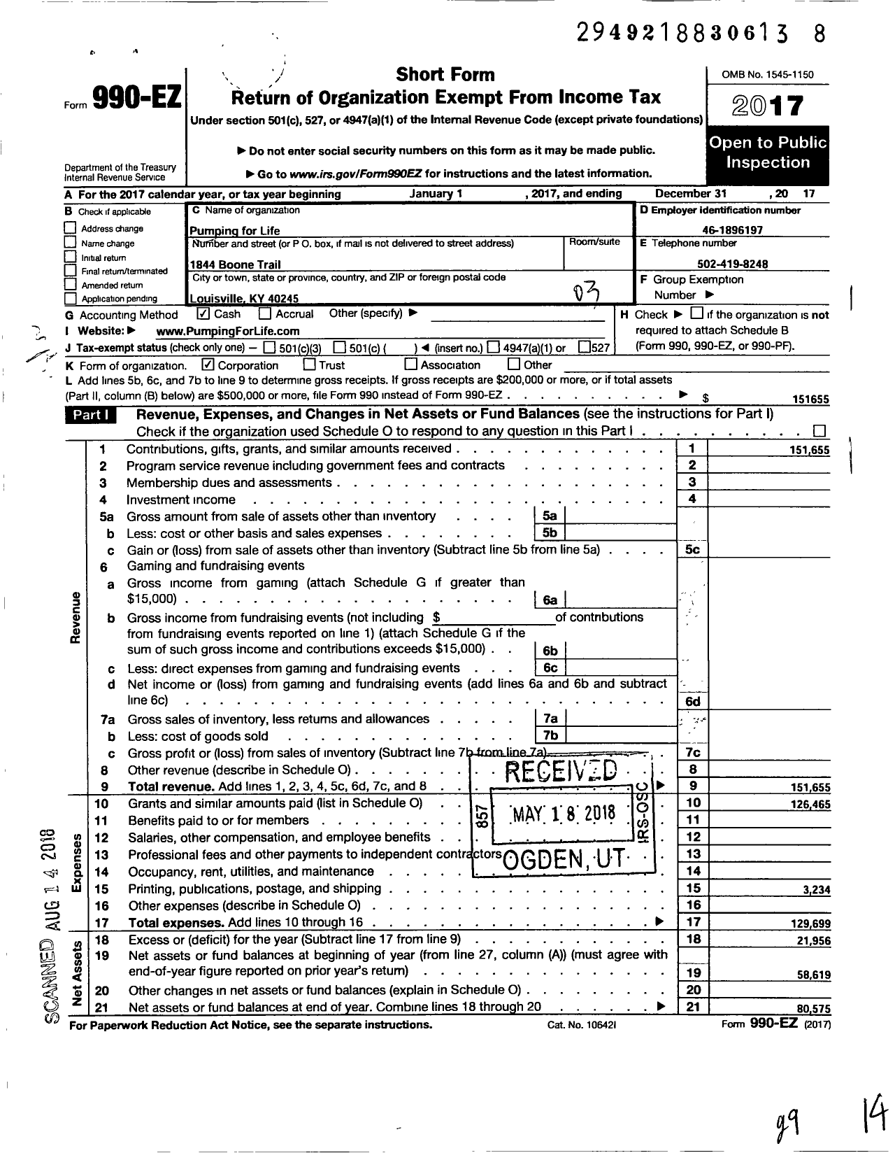 Image of first page of 2017 Form 990EZ for Pumping for Life