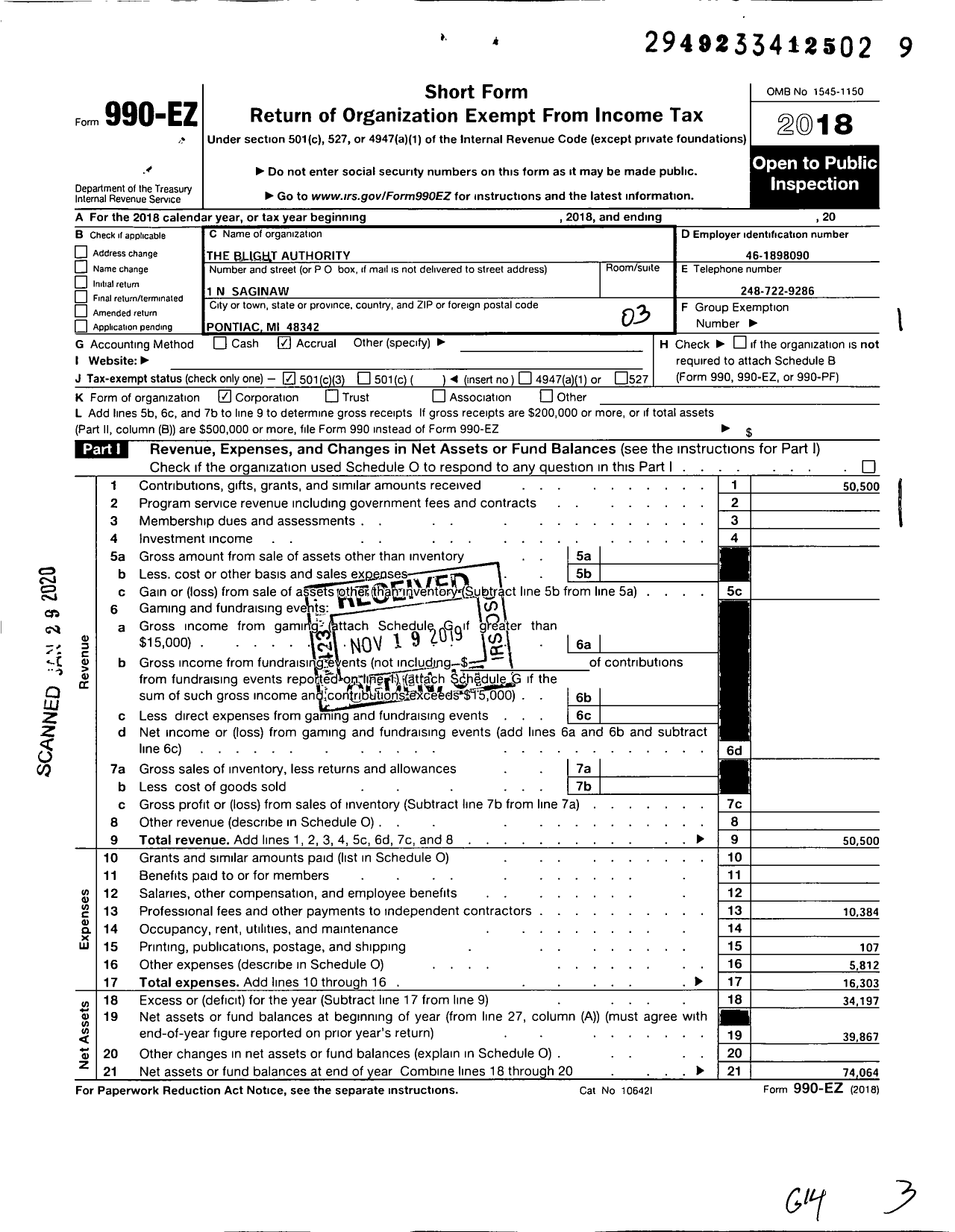 Image of first page of 2018 Form 990EZ for Blight Authority