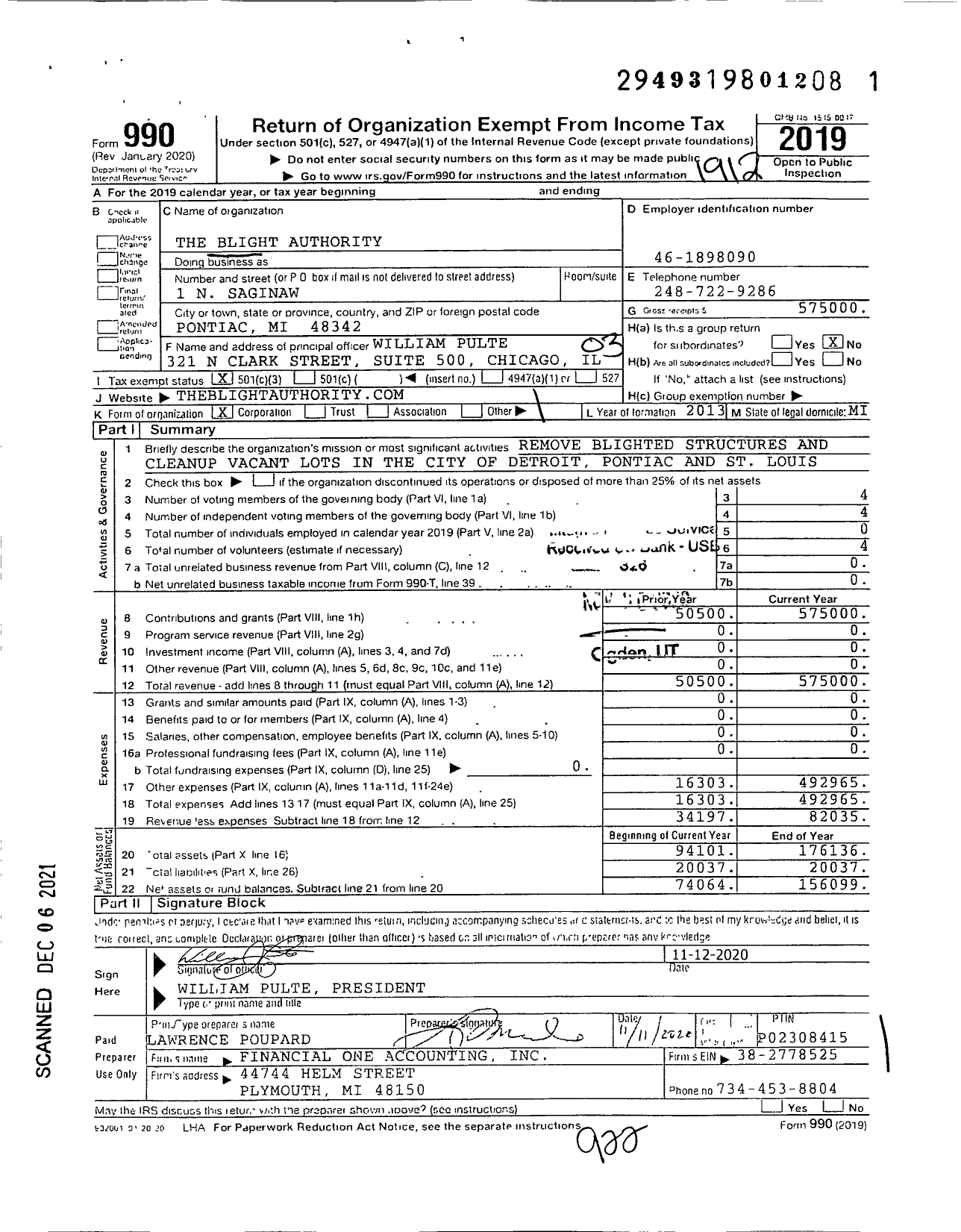 Image of first page of 2019 Form 990 for Blight Authority