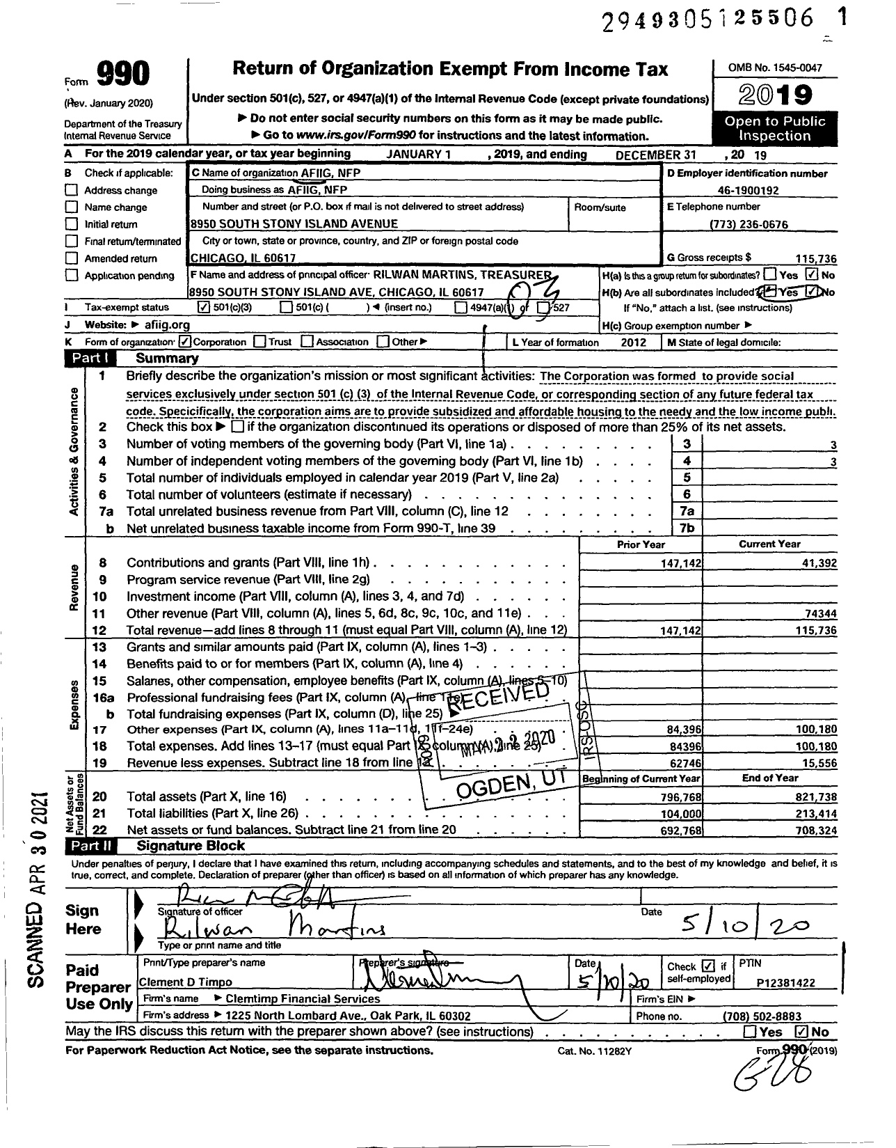 Image of first page of 2019 Form 990 for Afiig NFP Afiig NFP