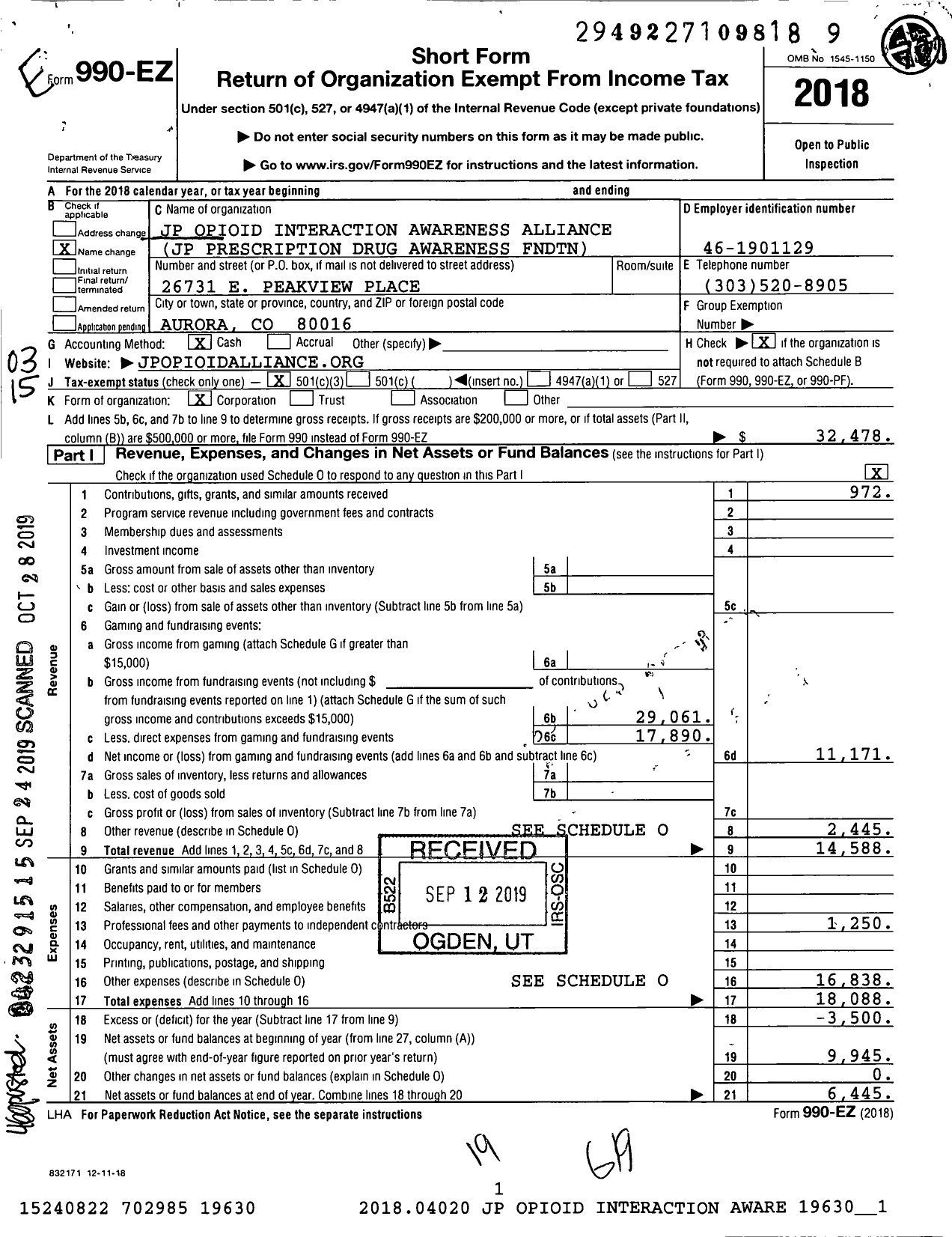 Image of first page of 2018 Form 990EZ for JP Opioid Interaction Awareness Alliance