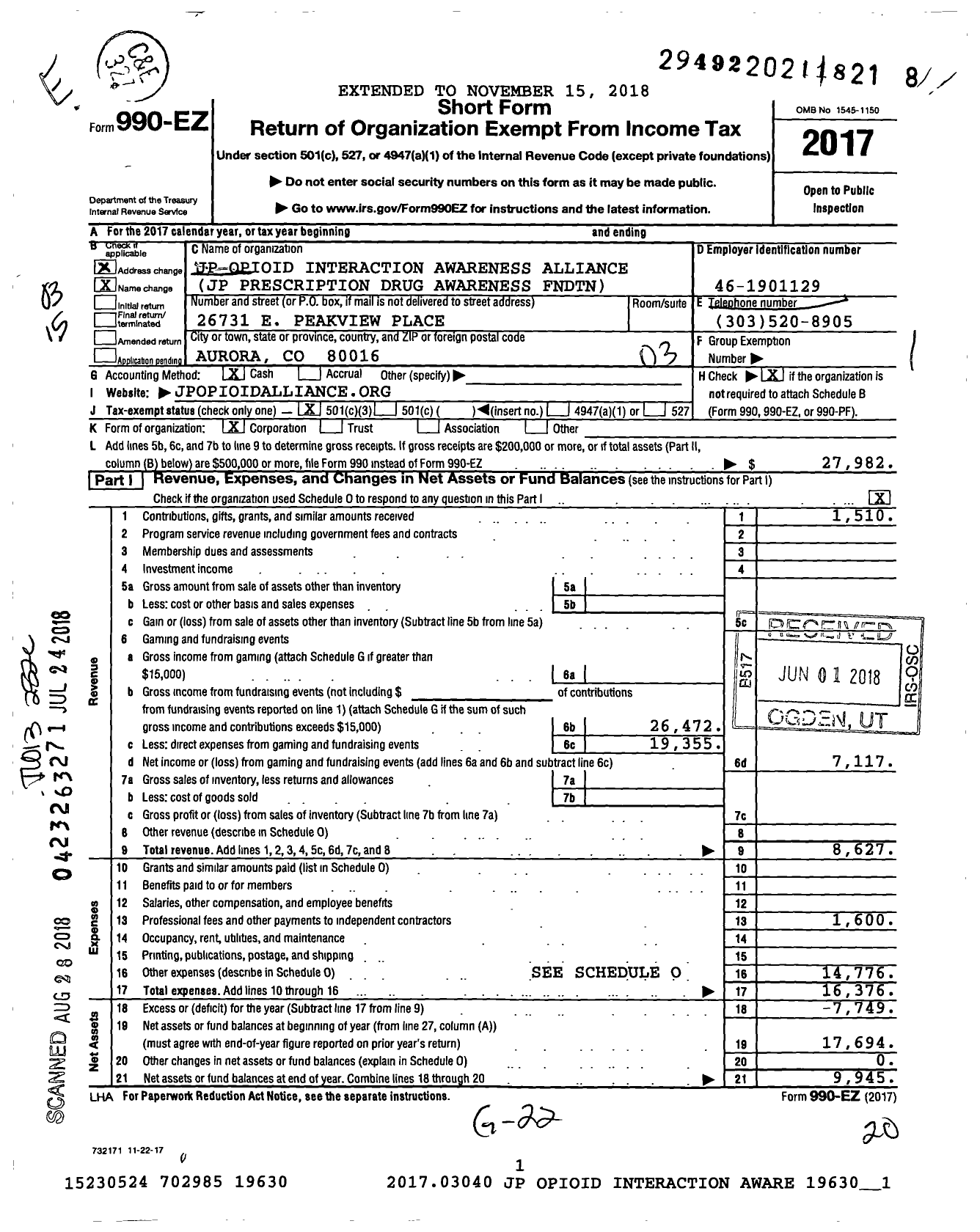 Image of first page of 2017 Form 990EZ for JP Opioid Interaction Awareness Alliance