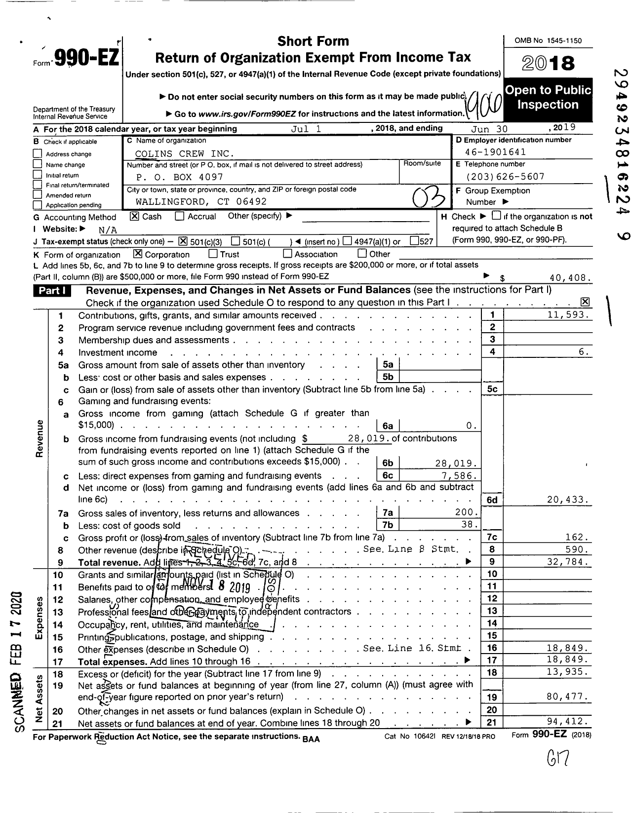 Image of first page of 2018 Form 990EZ for Colins Crew