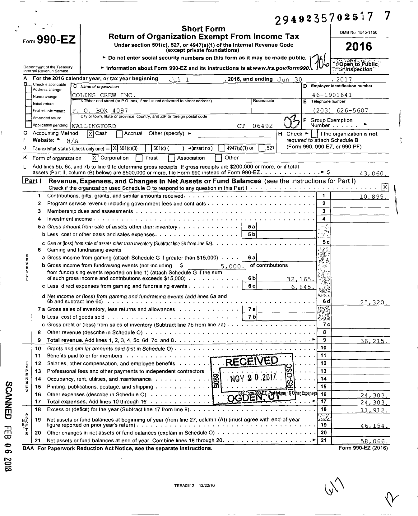 Image of first page of 2016 Form 990EZ for Colins Crew