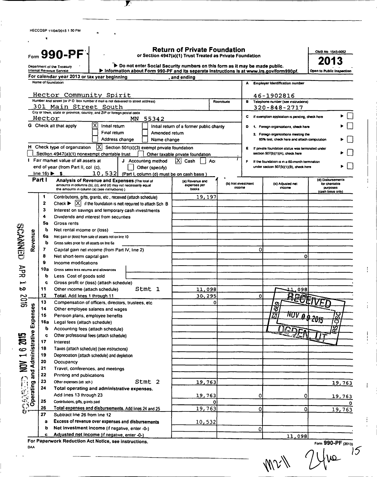 Image of first page of 2013 Form 990PF for Hector Community Spirit