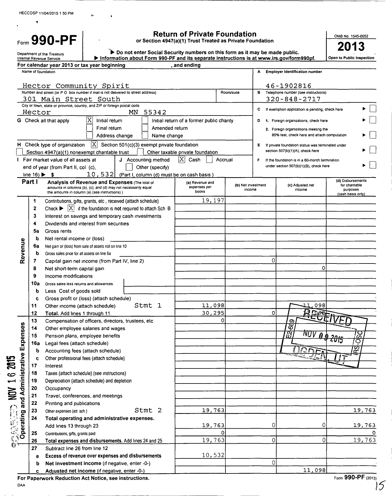 Image of first page of 2013 Form 990PF for Hector Community Spirit