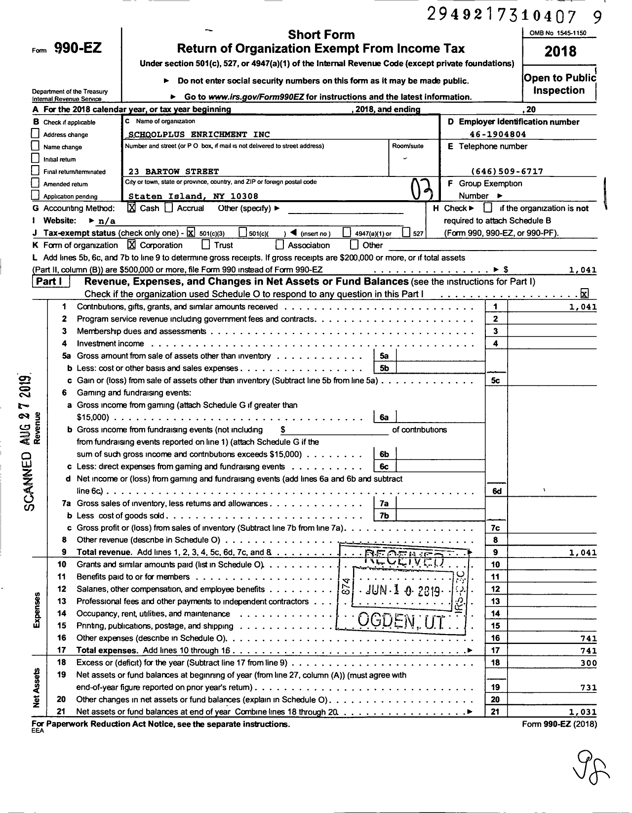Image of first page of 2018 Form 990EZ for Schoolplus Enrichment