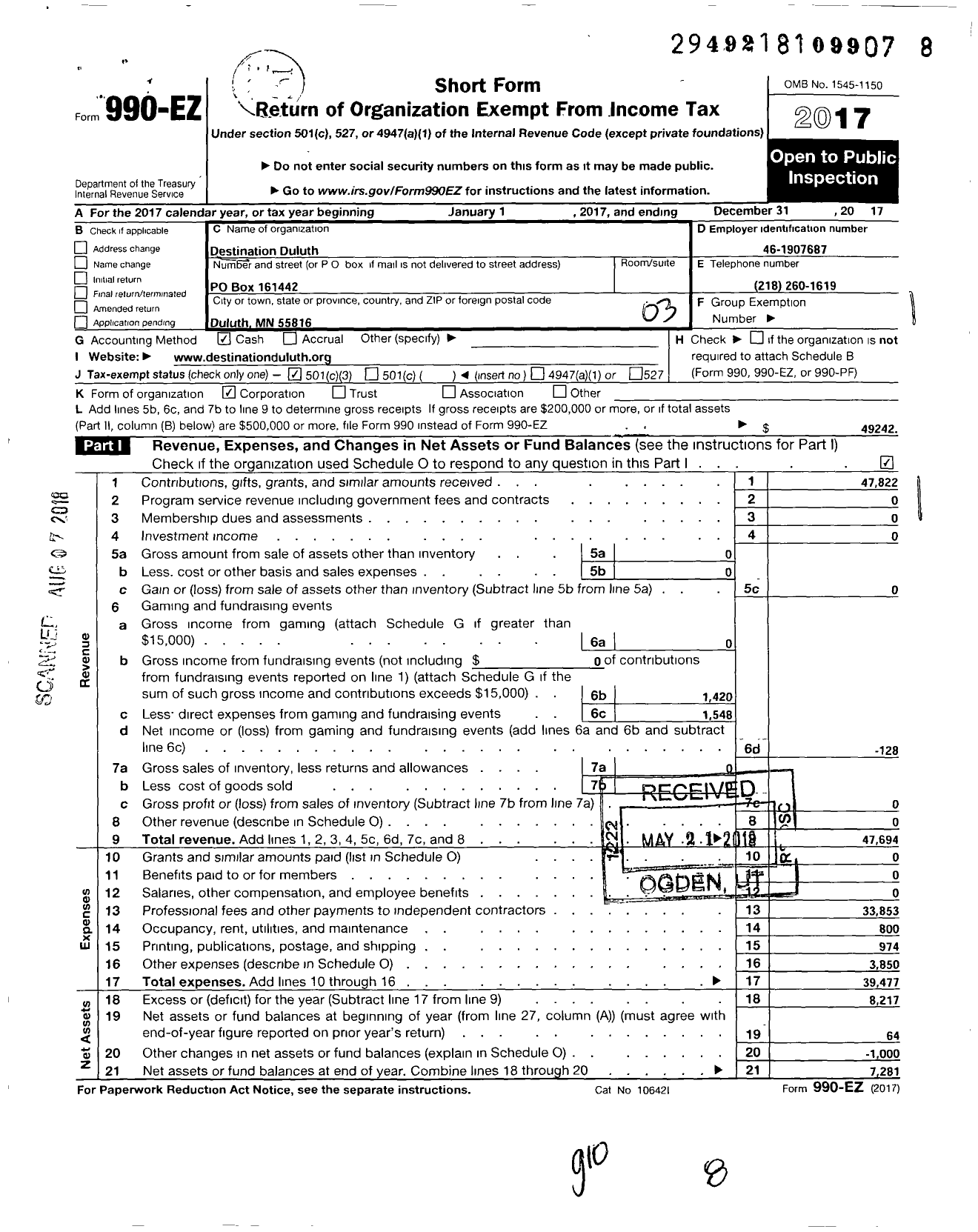 Image of first page of 2017 Form 990EZ for Destination Duluth