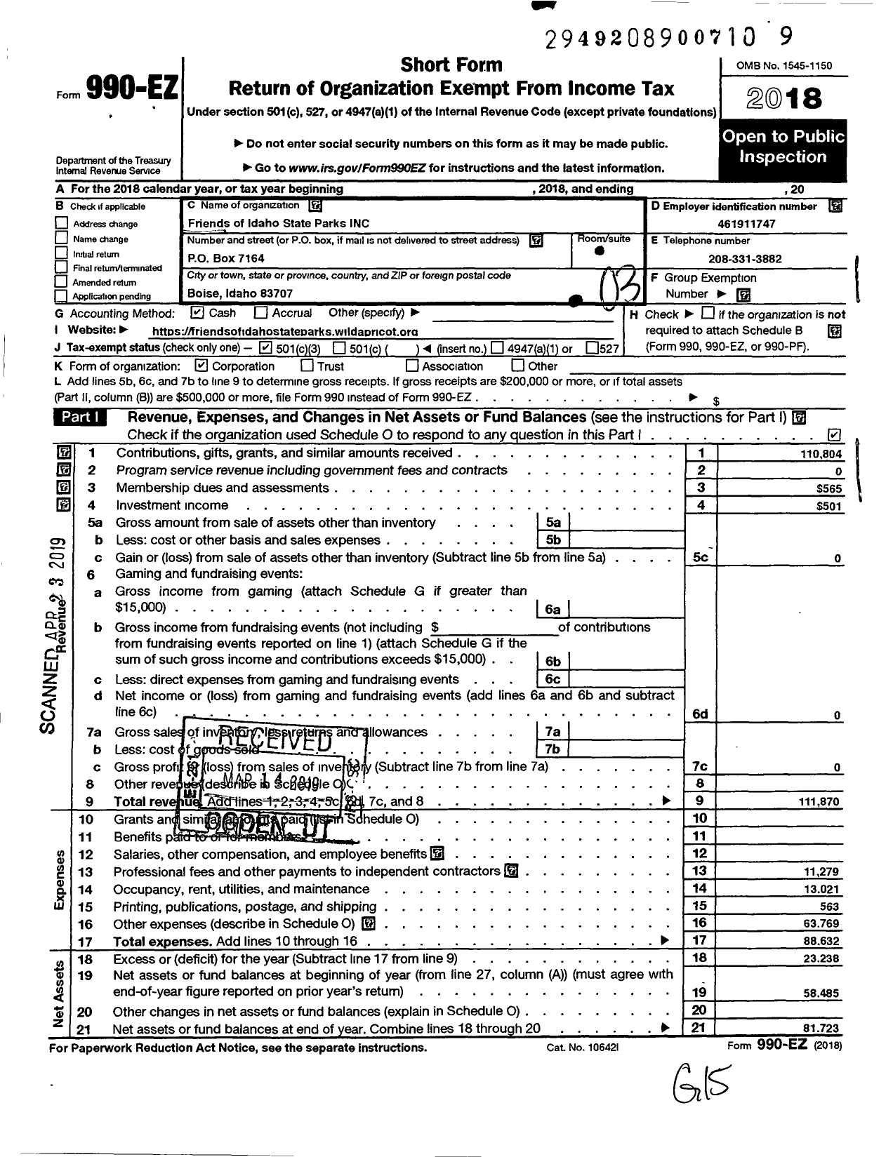 Image of first page of 2018 Form 990EZ for Friends of Idaho State Parks